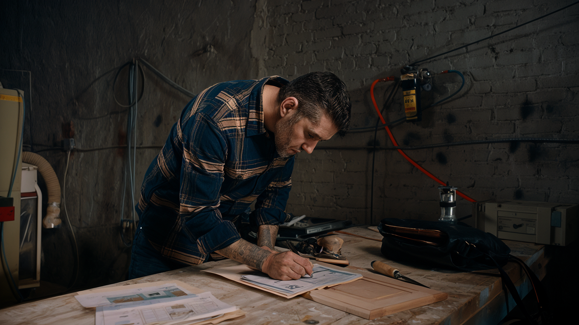 A man with tattoos working on a project at a cluttered wooden workbench in a dimly lit workshop. The background features an exposed brick wall with electrical wiring and equipment.