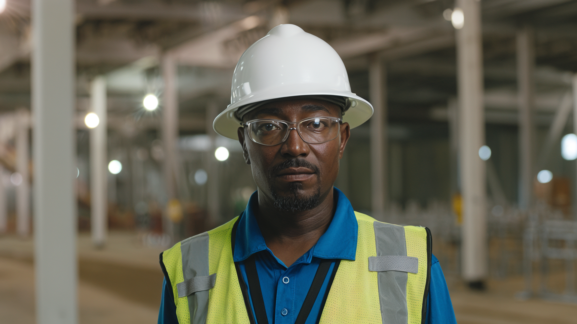 An African American man wearing safety glasses, a white hard hat, a blue collared shirt, and a high-visibility safety vest in an industrial setting.