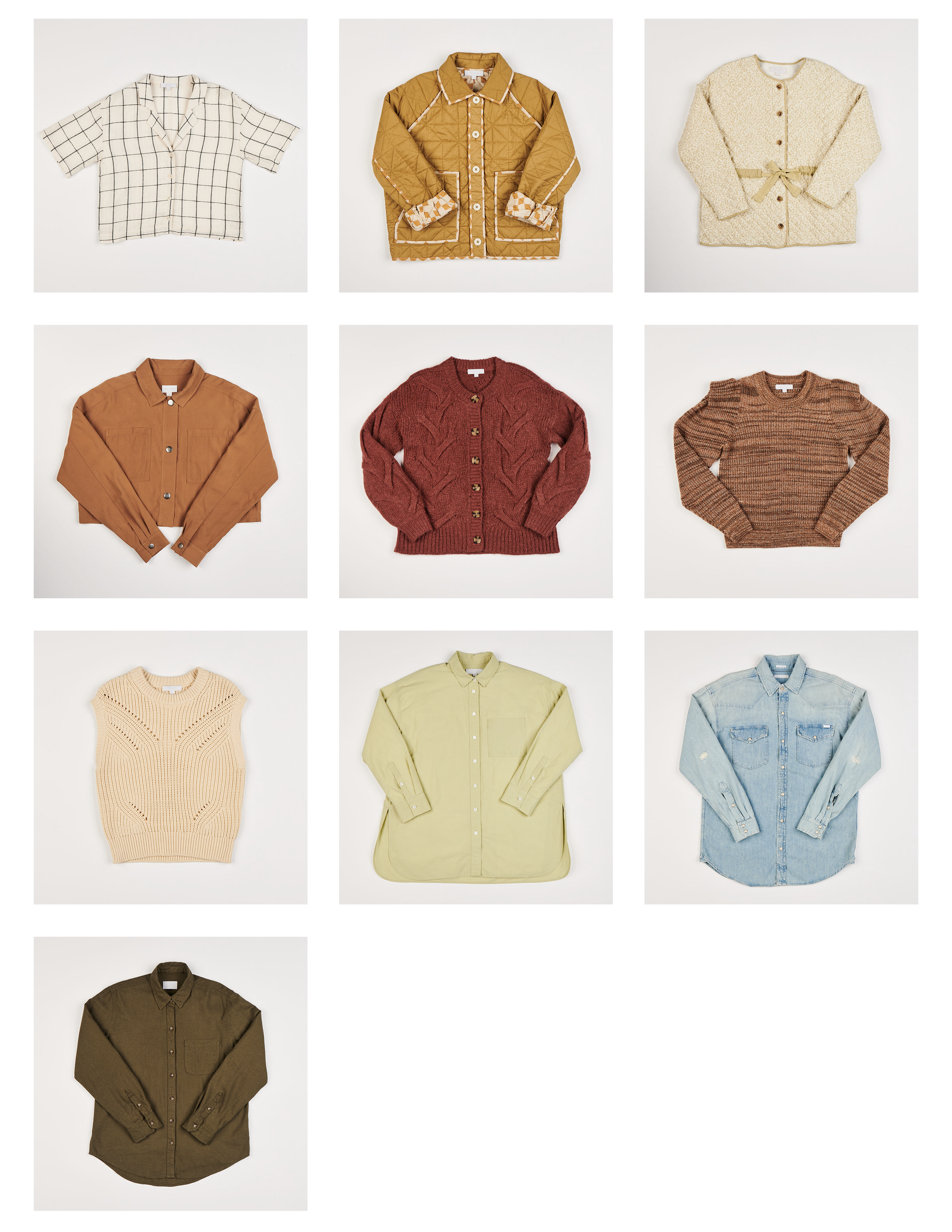 Collection of twelve different shirts and sweaters arranged in a grid on a white background, including casual and formal styles in various colors and fabrics.