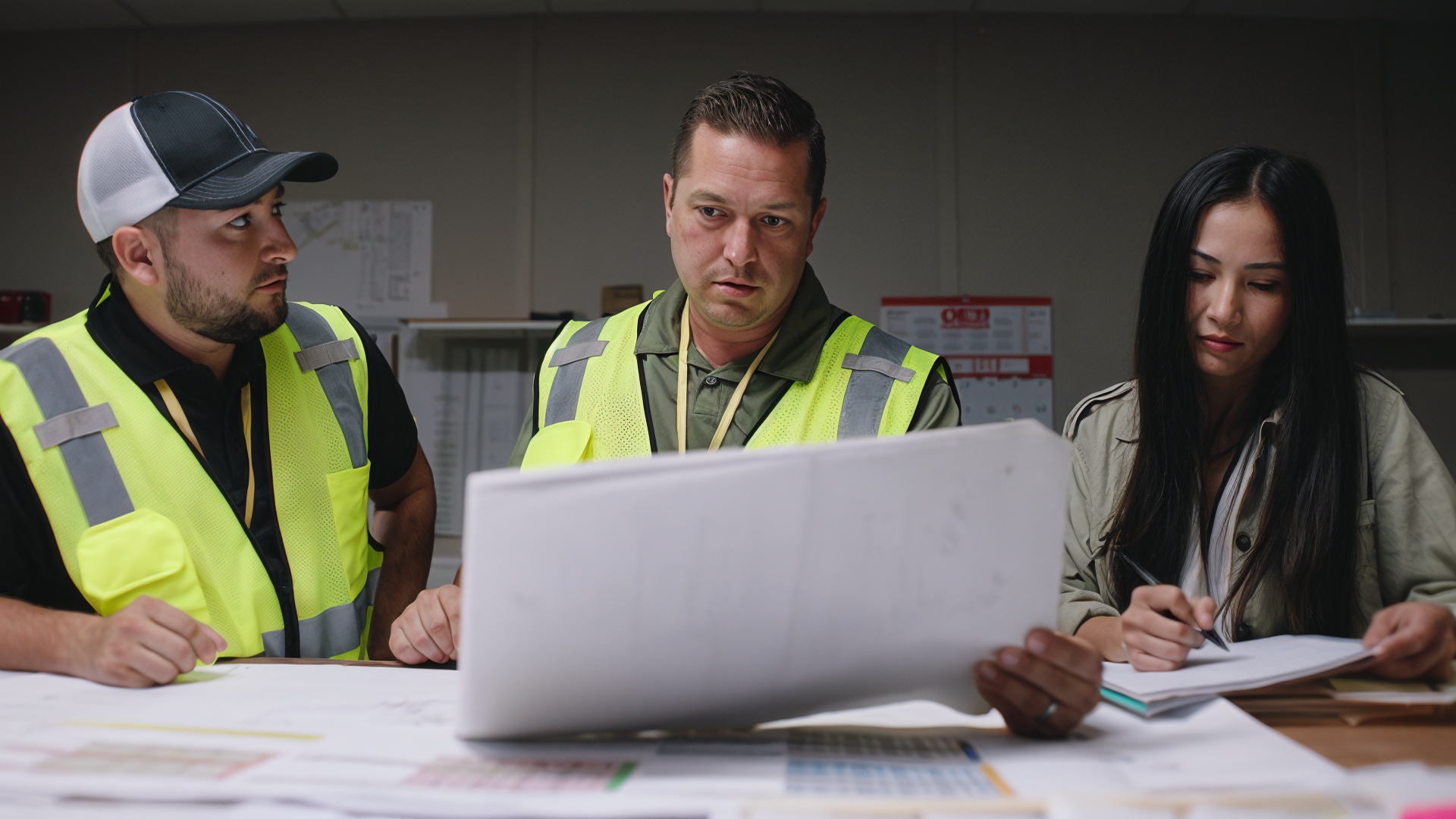 Three people, two men and one woman, wearing safety vests and working in an office, looking at documents and a laptop.
