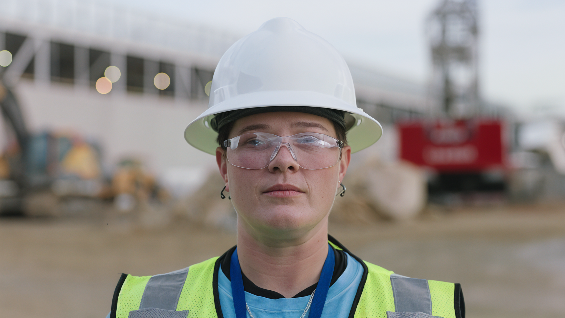 A woman wearing a white safety helmet, glasses, and a yellow safety vest at a construction site.