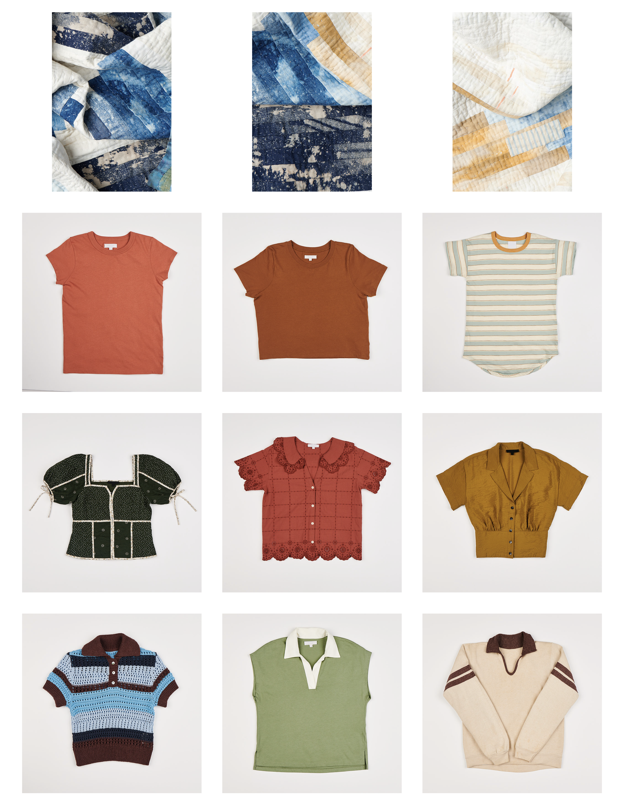 Collection of various clothing items: top row features close-up images of quilted fabric with blue, white, beige and orange patterns; middle row has plain t-shirts in red, orange, and striped; bottom row displays a knit sweater in blue and brown, a g