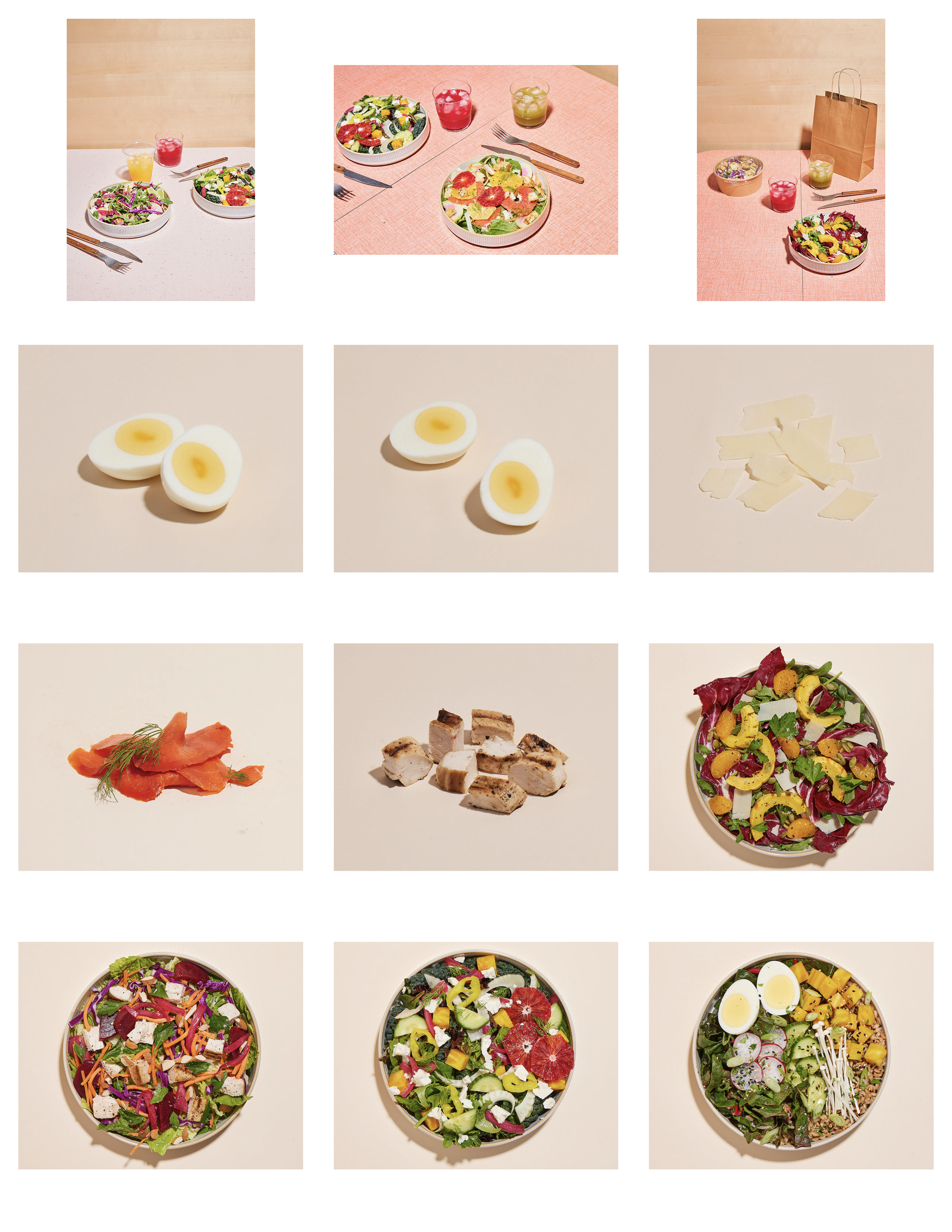 Six images of salads and side dishes, including salads with vegetables and fruits, hard-boiled eggs, sliced cheese, smoked salmon, grilled chicken, and other greens, presented on various plates and bowls.