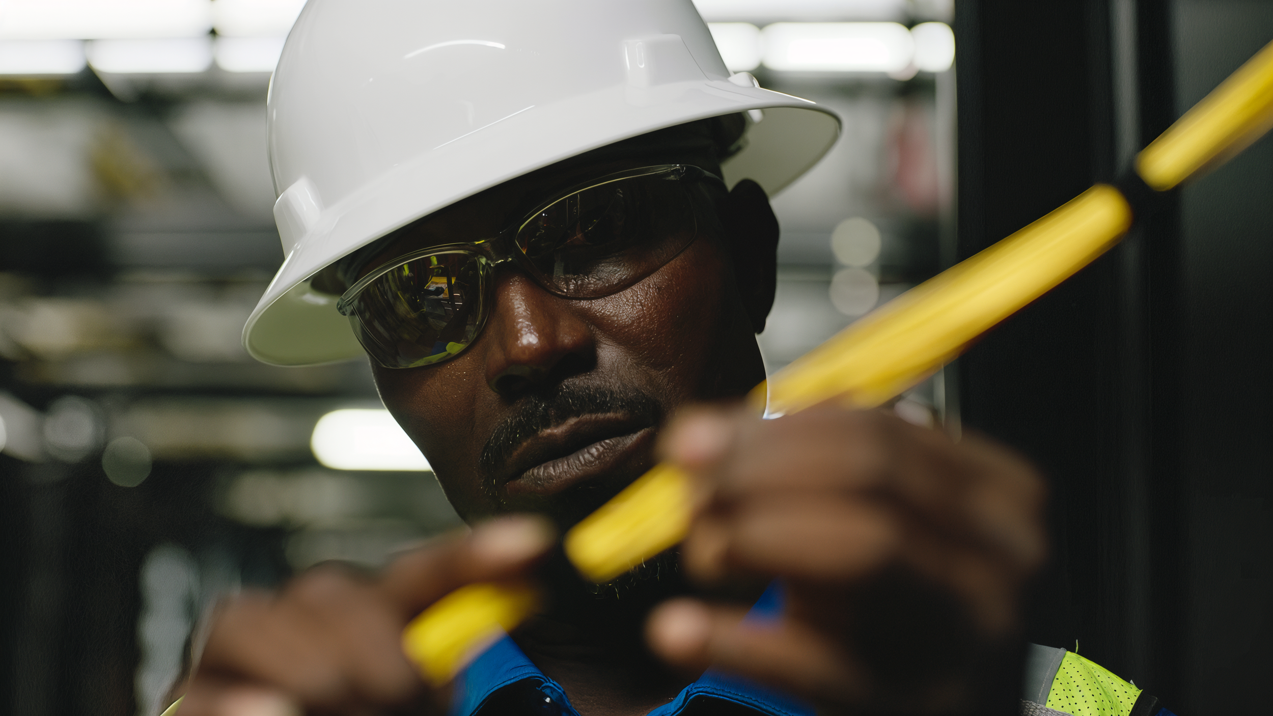 A man wearing a white safety helmet and safety glasses is working with a yellow tool or pipe in an industrial setting.