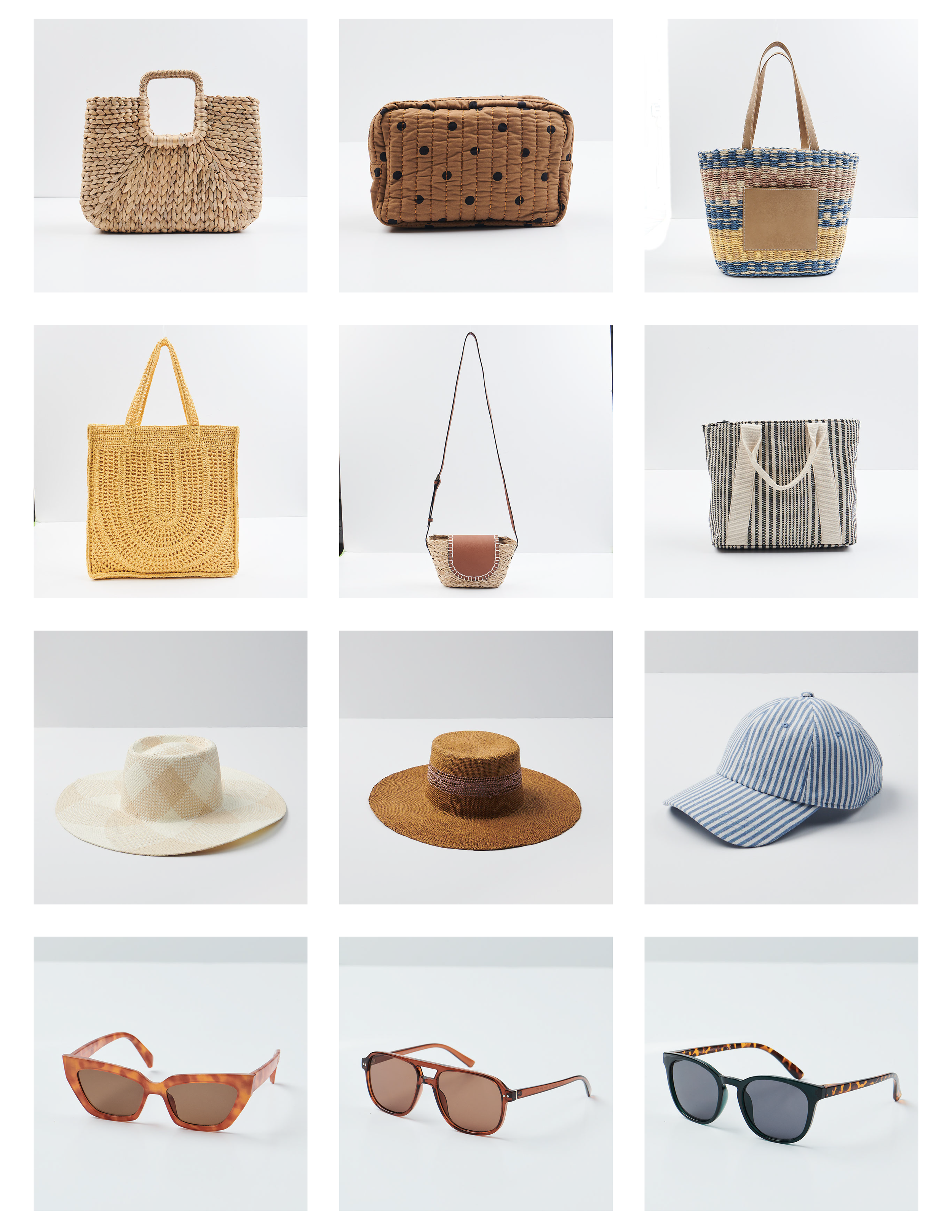 A collection of handbags, hats, and sunglasses on display against a white background. The handbags include woven, fabric, and straw designs, while the hats are wide-brimmed and straw styles. There are three pairs of sunglasses with different tortoise