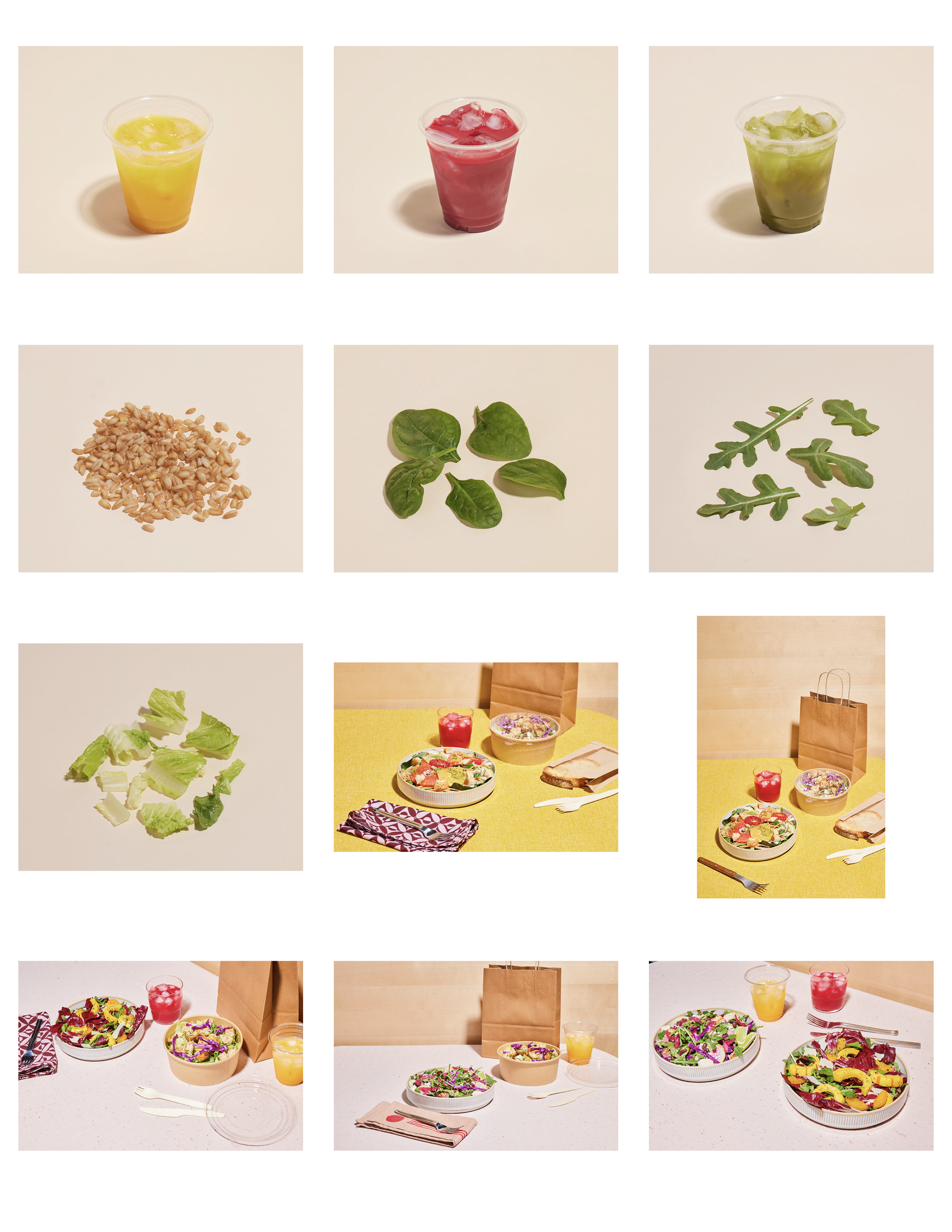 Multiple images of salads, drinks, and a food setup. Top row shows three cups with yellow, red, and green beverages. Middle row has grains, fresh spinach leaves, and arugula. Bottom row displays various salads and a dinner setting with paper bags and
