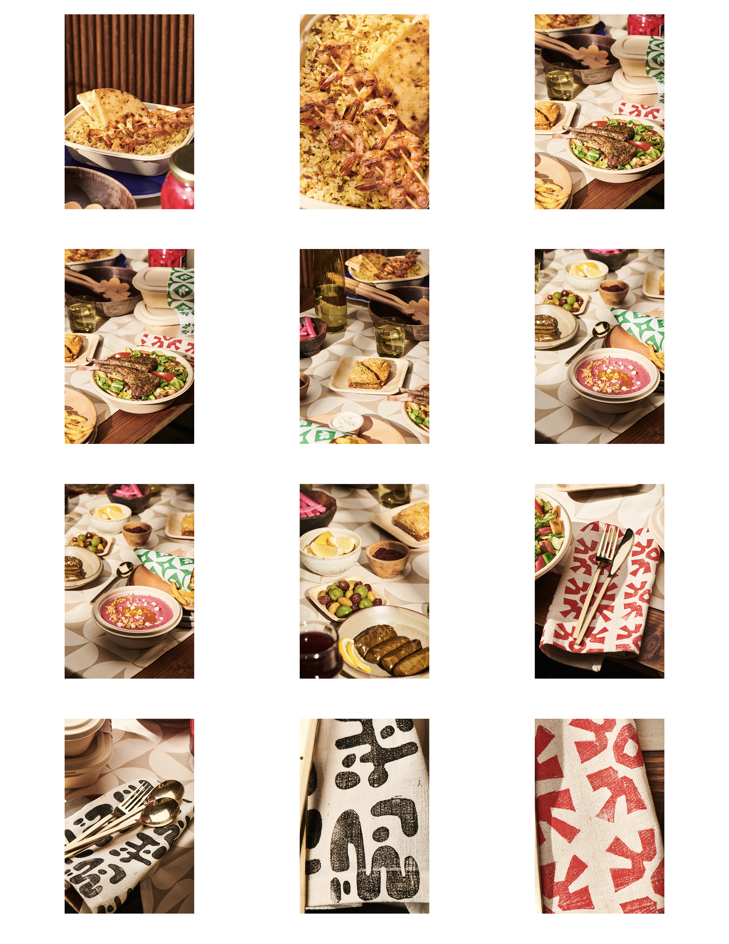 Various food dishes and utensils on a table, including rice with shrimp, grilled fish with salad, and pink dessert, with paper napkins and drinks.