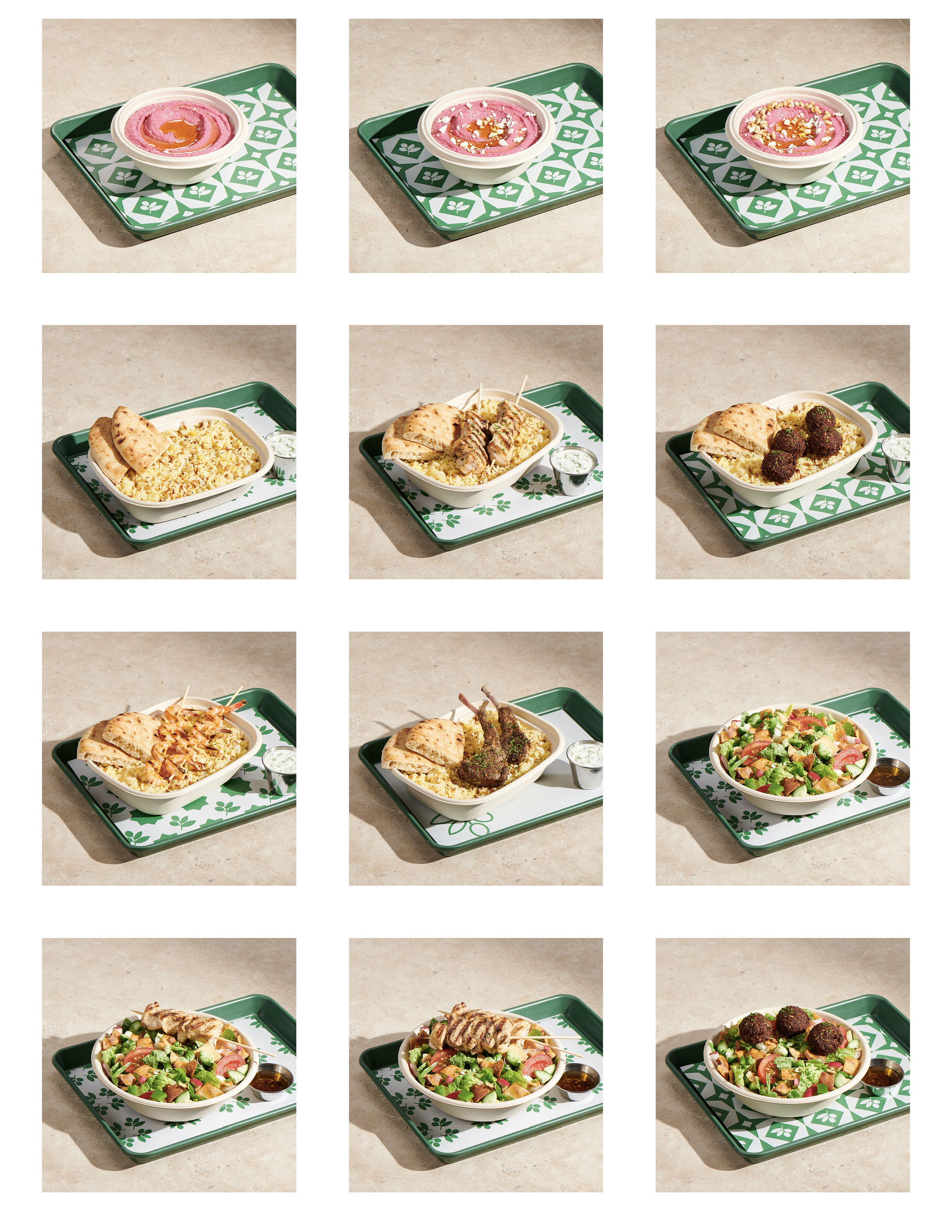 A T-shaped tray of various dishes including hummus, rice with grilled meats, a fresh vegetable salad, and grilled chicken, on a beige tabletop.