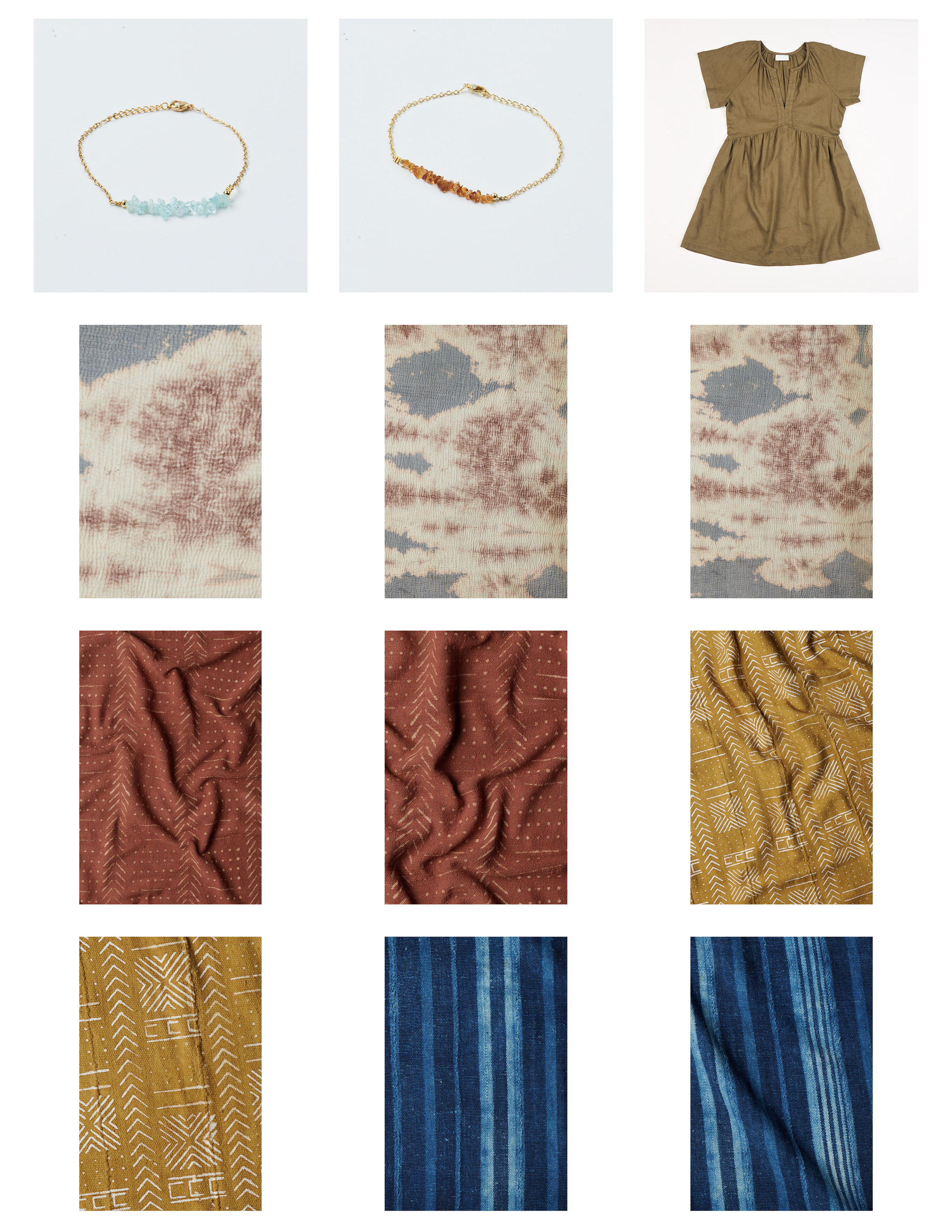 Collection of jewelry and clothing items: a gold chain bracelet with light blue crystals, a gold chain bracelet with amber-colored stones, a tan dress with gathered fabric details, fabric swatches with tie-dye patterns in shades of beige, reddish-bro