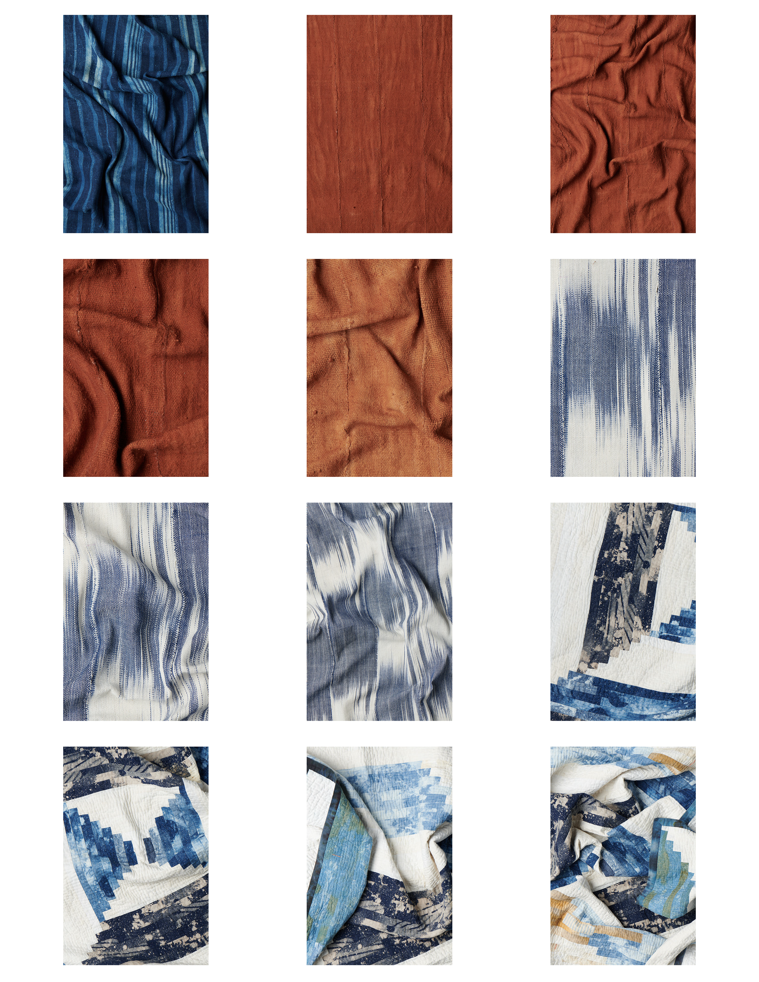 A collage of nine images of fabric with various textures and patterns, including blue and white striped, reddish-brown, and abstract designs.