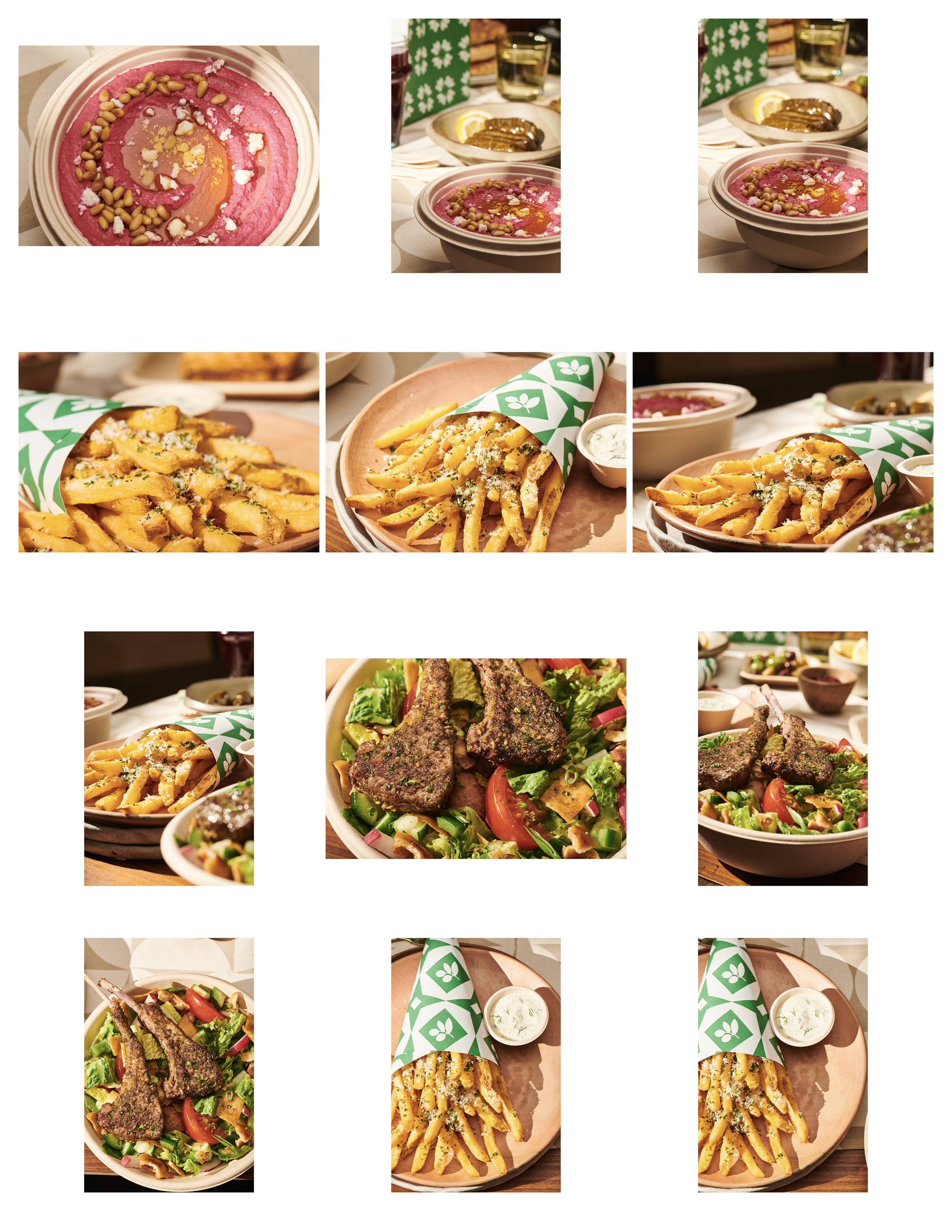Multiple images of food including a bowl of pink hummus with pine nuts and olive oil, plates of French fries with parsley and grated cheese, salads with grilled meats and vegetables, and a drink with lemon slices on a table.