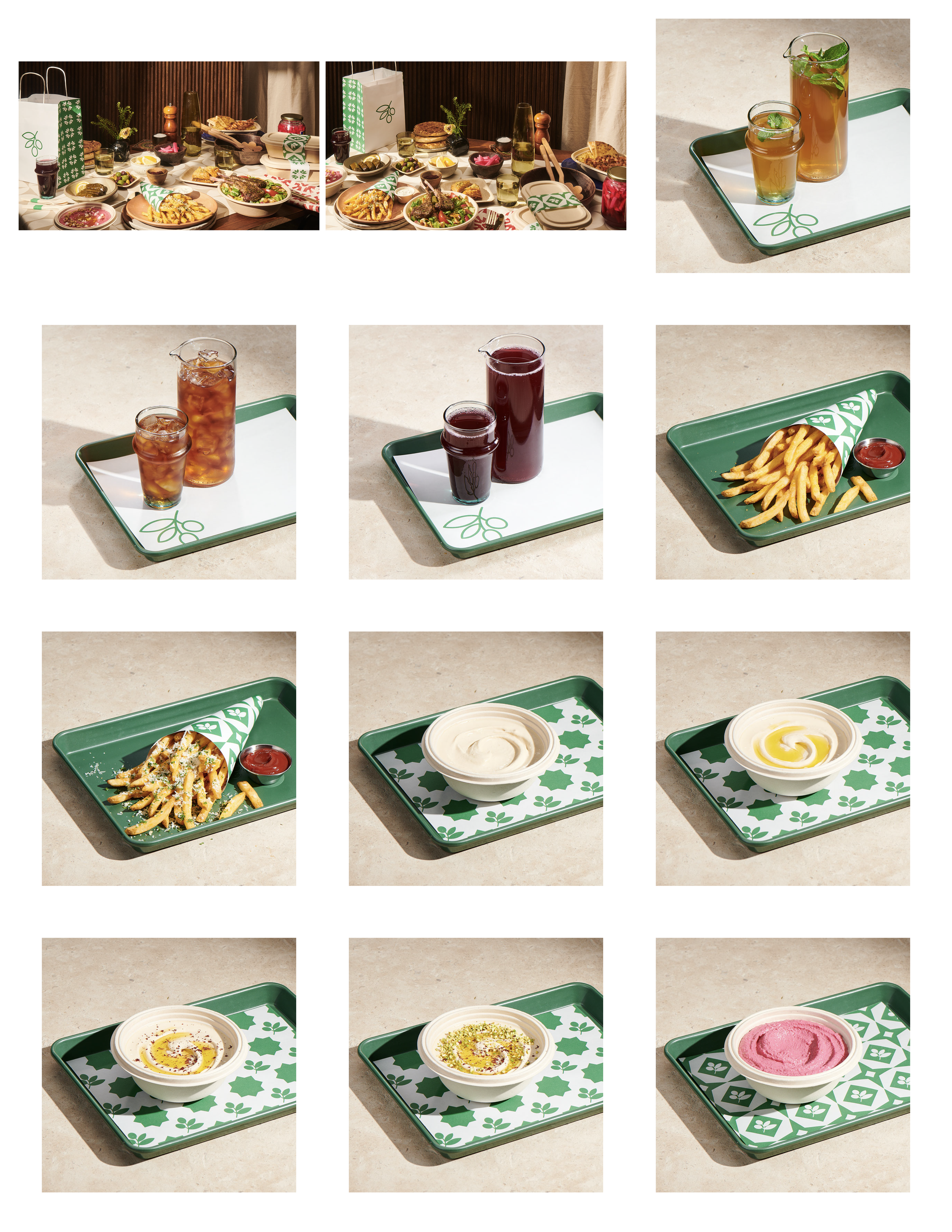 A collage of nine photos featuring a festive meal. The top row shows a table set with food and drinks. The second row depicts a tray with two glasses of iced tea and a tray with two glasses of dark juice. The third row displays a tray with French fri