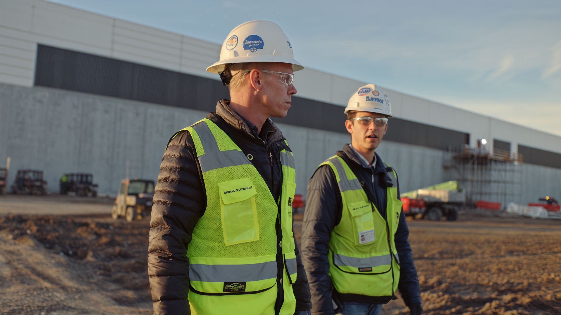 Two construction workers wearing safety vests, helmets, and glasses at a construction site with an unfinished building in the background.