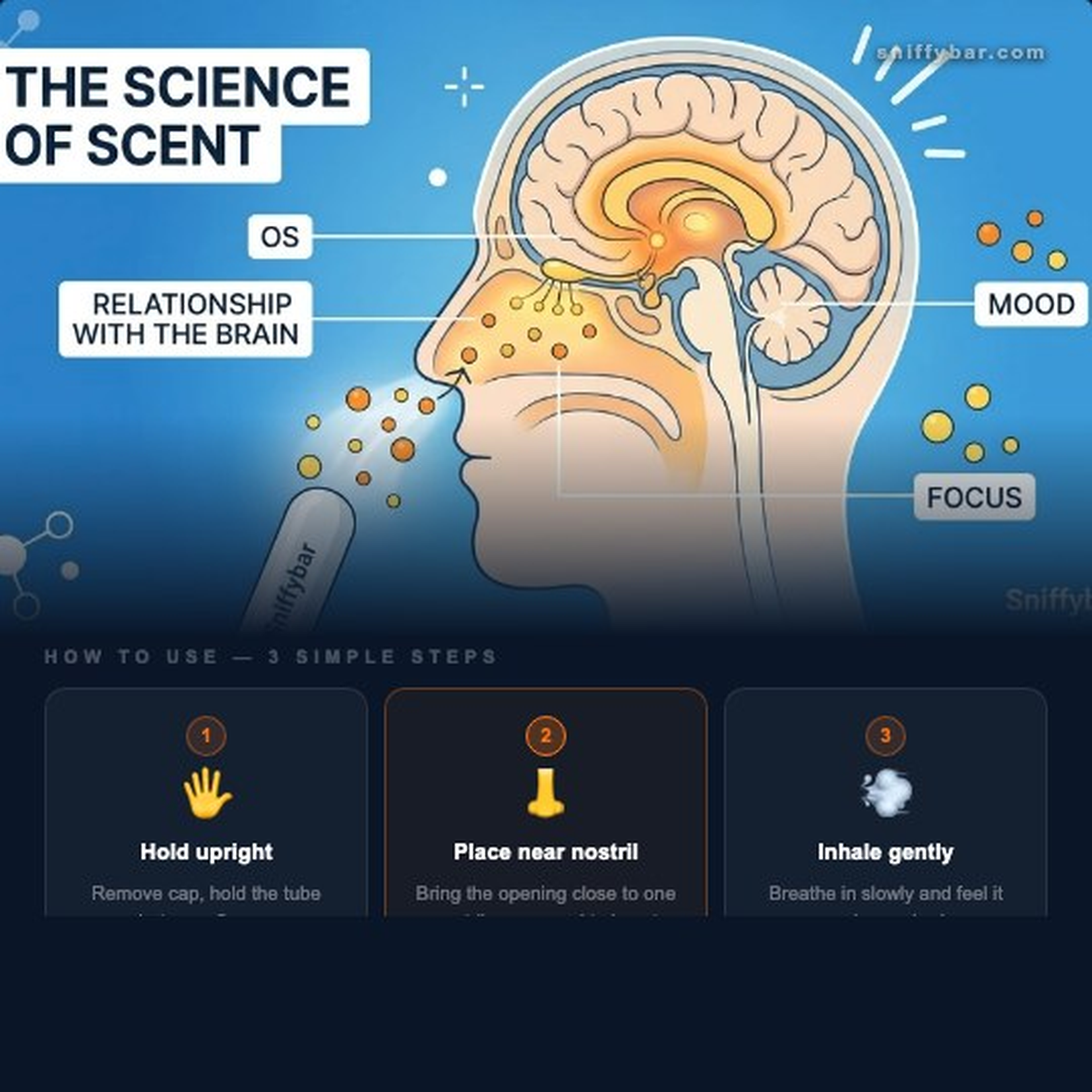 Diagram illustrating the science of scent showing a profile of a human head with labeled parts including the brain, mood, relation to the brain, focus, and OS, with a bottle labeled 'sniffybar' releasing scented particles and three steps for using scent inhalation: hold upright, place near nostril, and inhale gently.