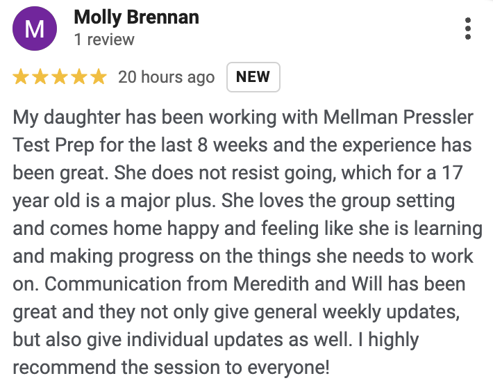 Screenshot of a positive review for Mellman Pressler Test Prep from Molly Brennan, praising her daughter's progress and communication with instructors.
