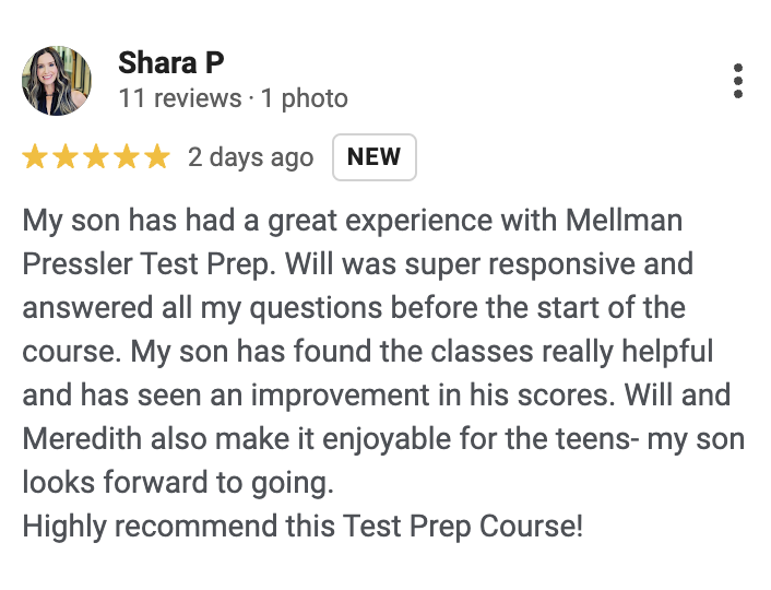 Screenshot of a positive review for Mellman Pressler Test Prep written by Shara P, praising the responsiveness and helpful classes for her son's academic improvement.