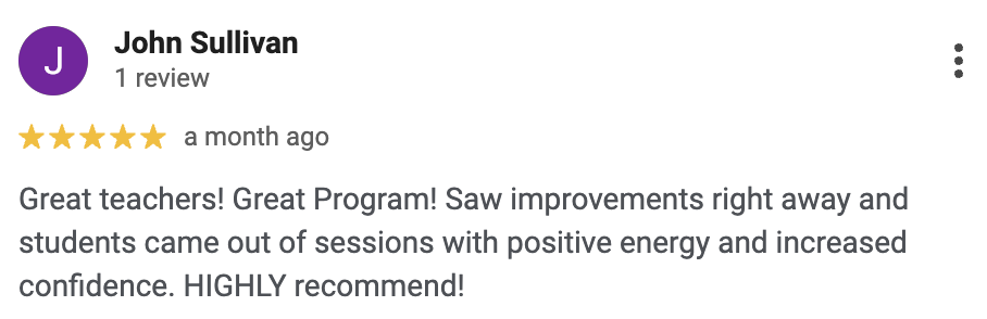 Screenshot of a Google review by John Sullivan praising teachers and a program, highlighting improvements and increased confidence in students.
