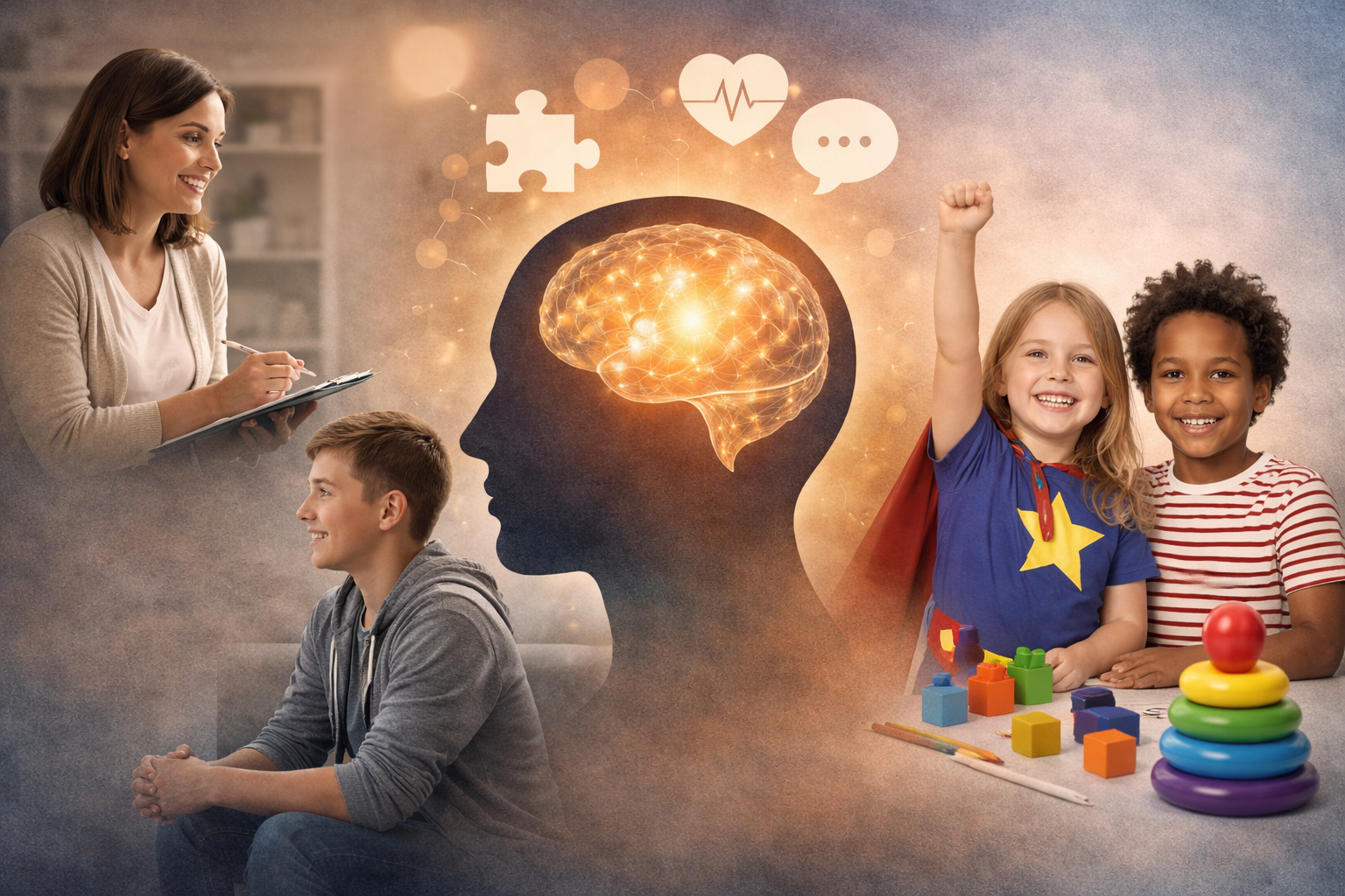 Children in a classroom or therapy setting, with a digital illustration of a human brain and icons representing puzzle pieces, a heart, and speech bubbles. Two kids are sitting, one smiling, and two girls are standing, one with her fist raised and wearing a superhero cape, with colorful toys and blocks on the table.