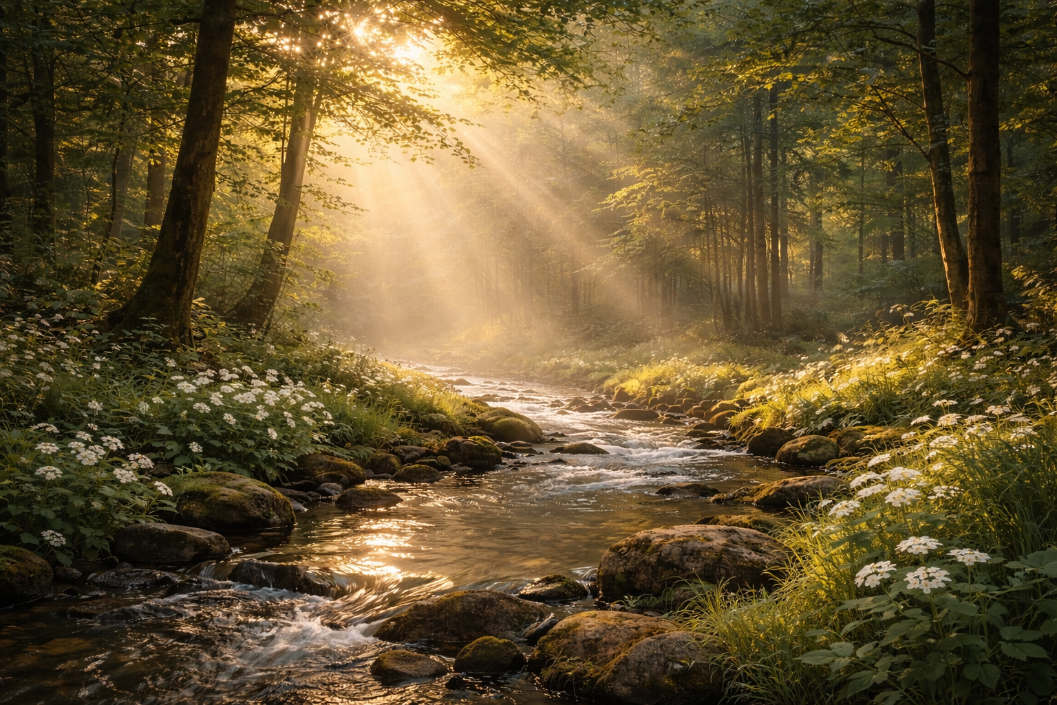 Sun rays shining through trees onto a calm forest stream with white flowers and moss-covered rocks.