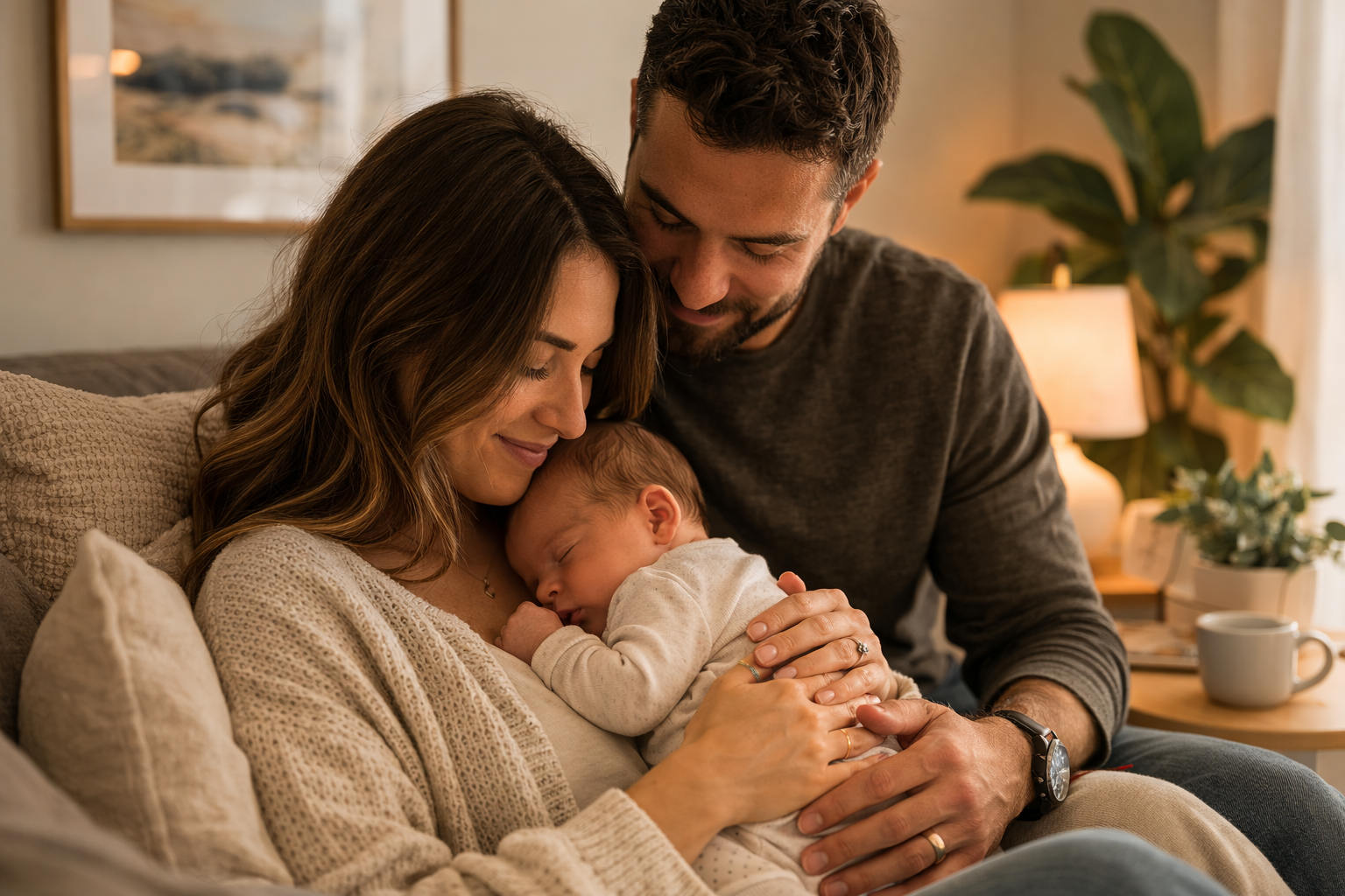 A family of three, mother, father, and baby, sitting on a sofa in a cozy living room, sharing a tender moment with the baby sleeping on the mother's chest.