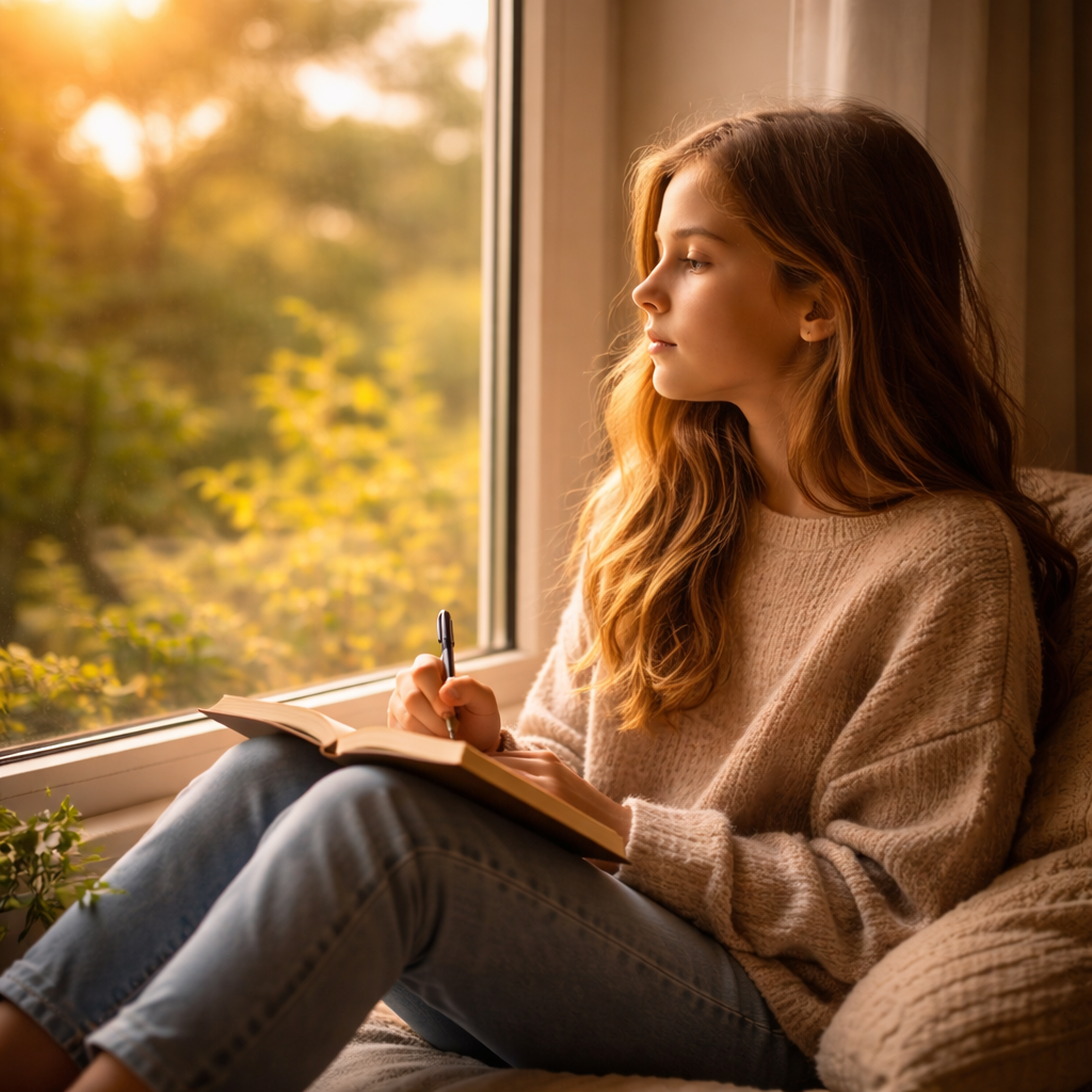 A young woman sitting by a window, holding a pen and notebook, gazing outside on a sunny autumn day.