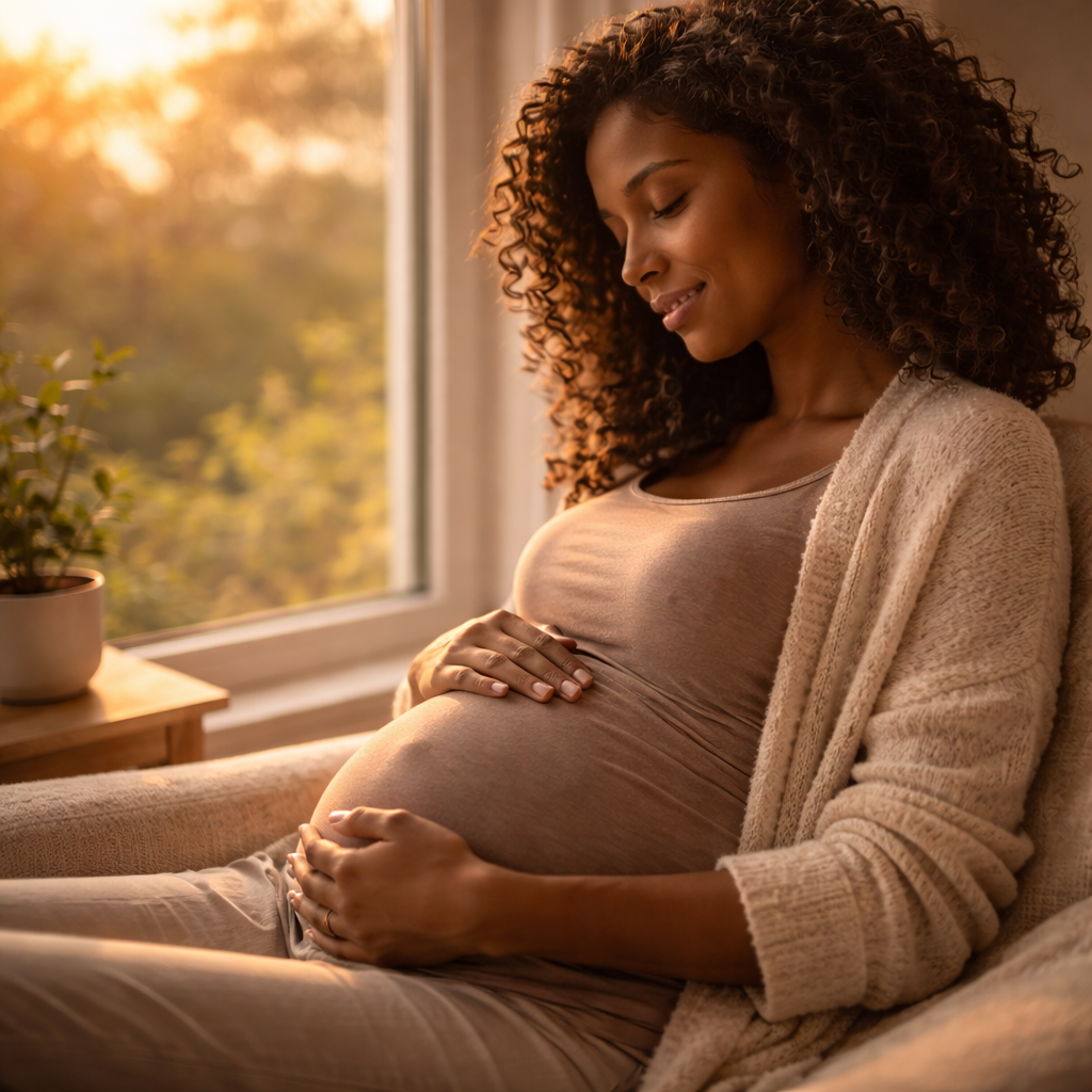 Pregnant woman sitting by a window at sunset, gently touching her belly with a smile.
