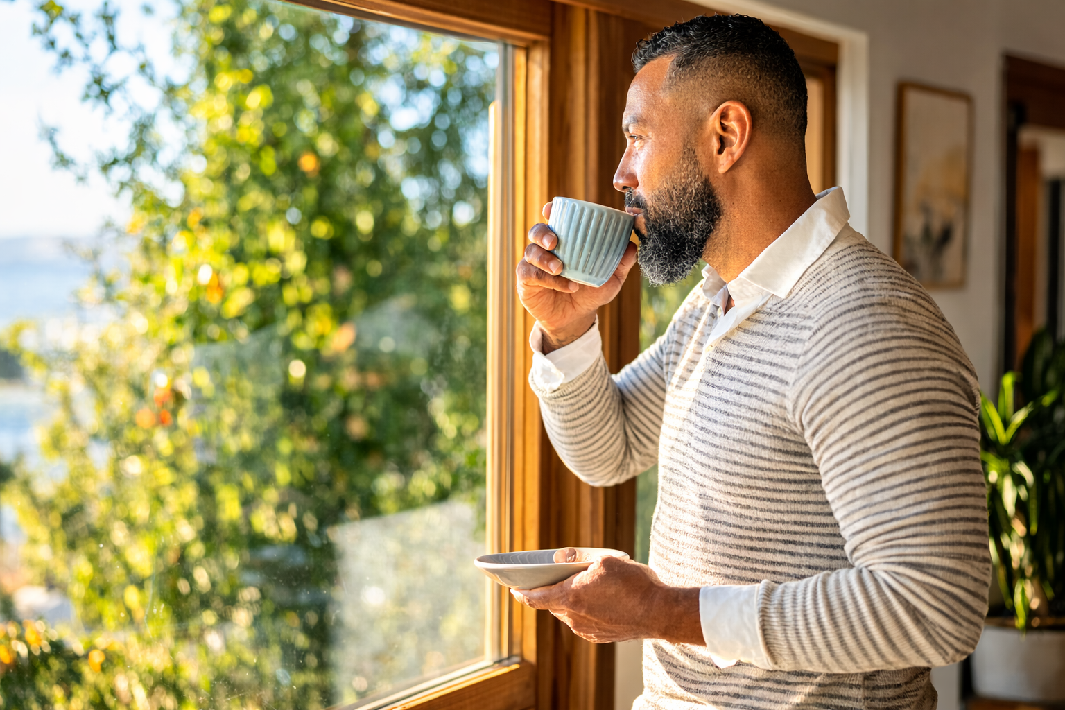 A man with a beard and short hair, wearing a light-colored striped sweater, is drinking from a mug while standing by a window with trees outside. He holds a plate in his other hand and appears to be enjoying a warm beverage in a cozy home setting.