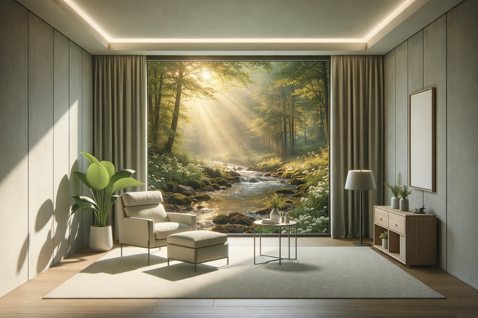 Living room with a large nature mural of a forest and stream on the wall, sunlight streaming through trees, a beige armchair with matching ottoman, a potted plant, a small round coffee table, a floor lamp, and a sideboard with potted plants and books.