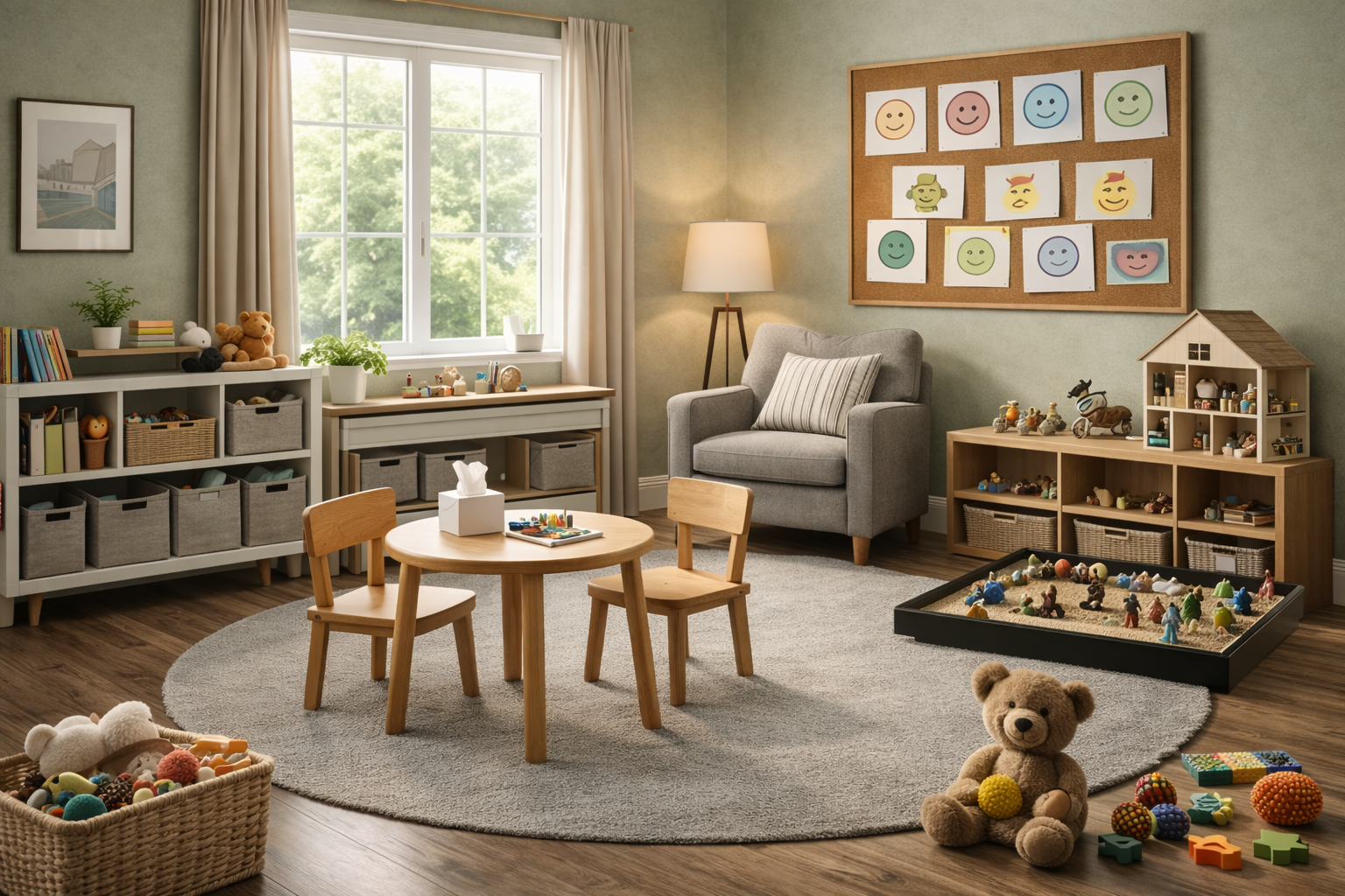 A cozy playroom with wooden furniture, toys, and soft lighting. Contains a small round table with two chairs, a gray armchair with a cushion, a shelving unit with bins and toys, a sand tray with miniature figures, a large teddy bear, and a wall with children's drawings and photos of emojis. A window with curtains lets in natural light.