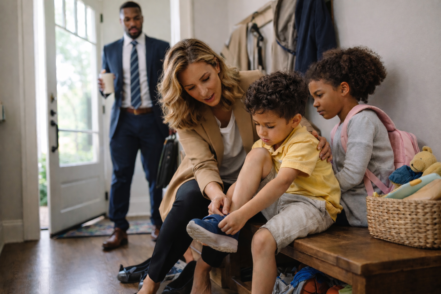 A woman helps a young boy put on his shoes while a girl sits beside them with a backpack. A man stands in the doorway holding a coffee cup in the background.