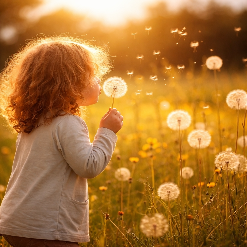 A young girl with curly red hair blowing a dandelion in a field of dandelions during golden hour sunlight.