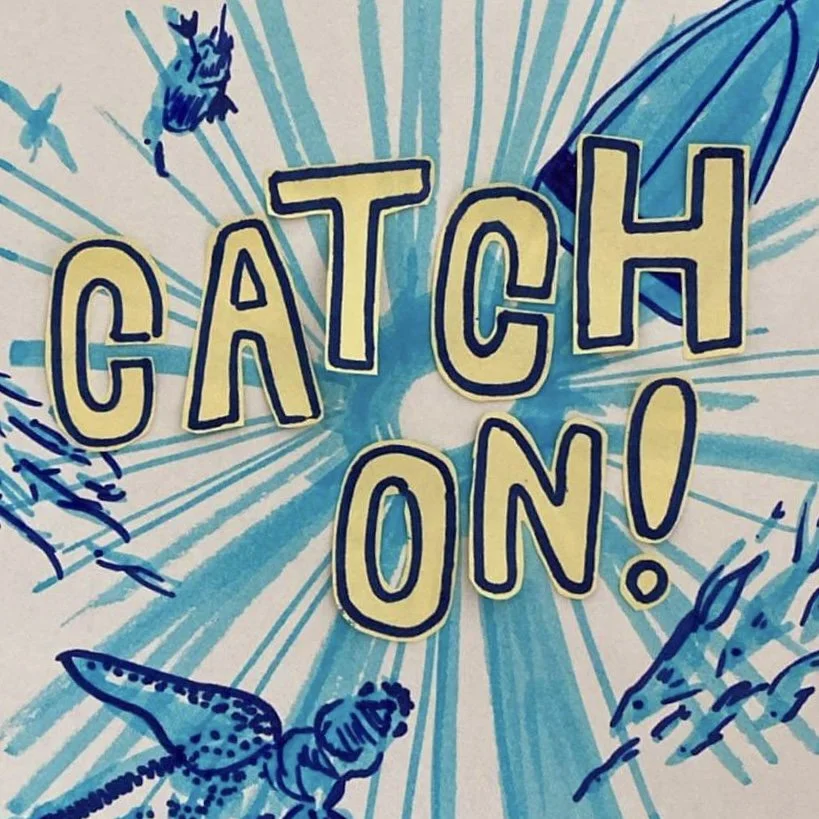 Colorful illustration with the text 'Catch On!' in large yellow and black letters, surrounded by blue comic-style rays and sketches of insects like a ladybug, a beetle, and a butterfly.