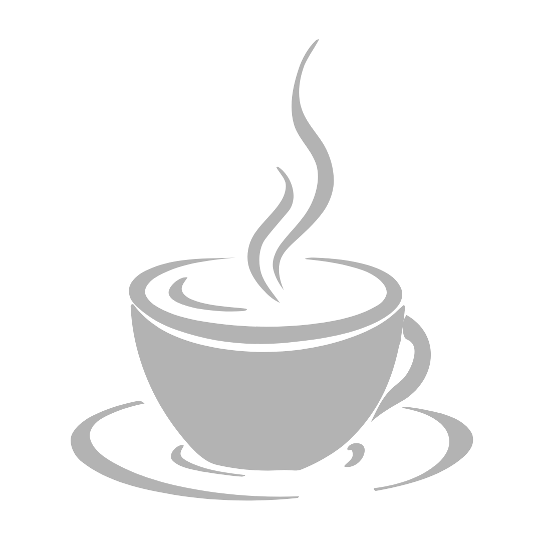 Black and white illustration of a steaming coffee cup on a saucer.
