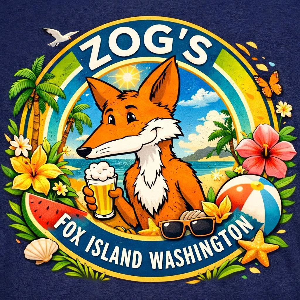 A colorful illustrated logo featuring a fox holding a beer, surrounded by tropical flowers, palm trees, a beach ball, and a beach scene with blue skies and ocean in the background. The text reads "Zog's Fox Island Washington."