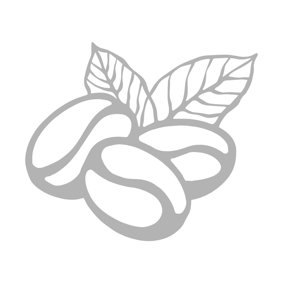 Gray line drawing of coffee beans and two leaves on a black background.