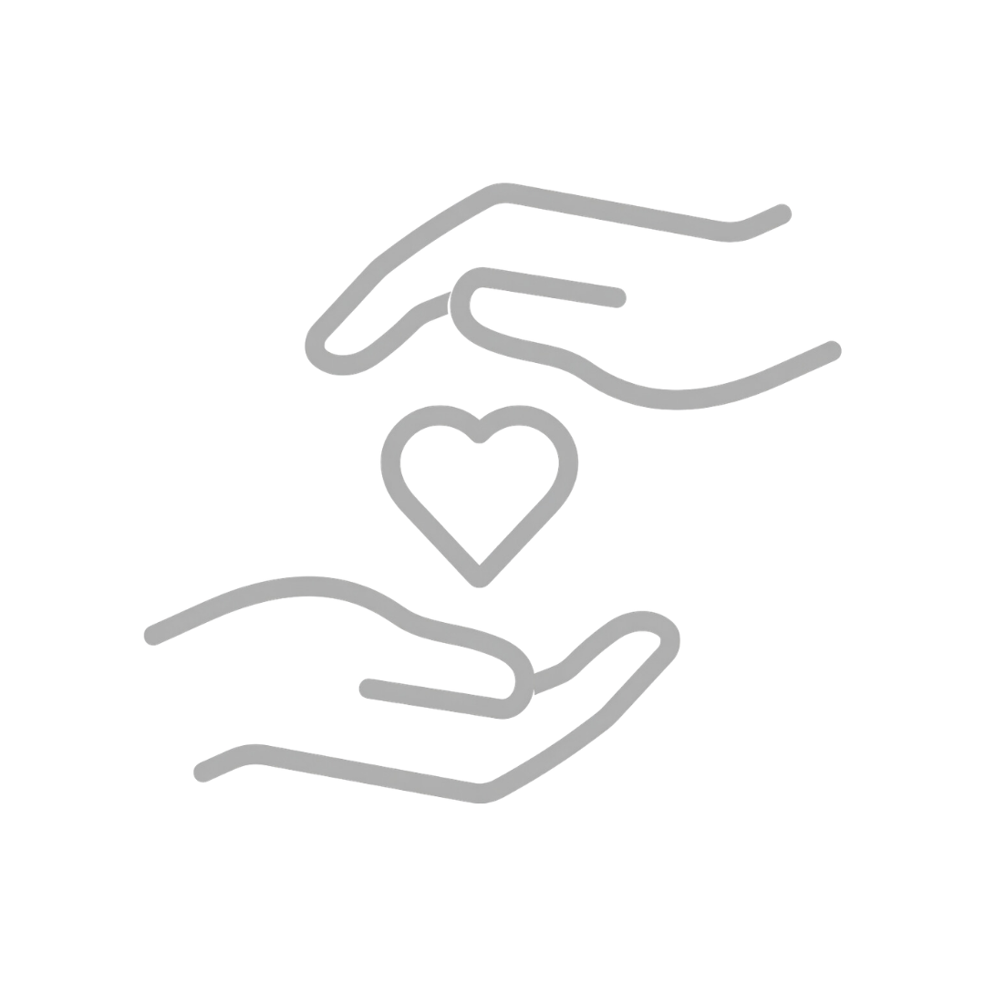A line drawing of two hands holding a heart surrounded by a pair of hands