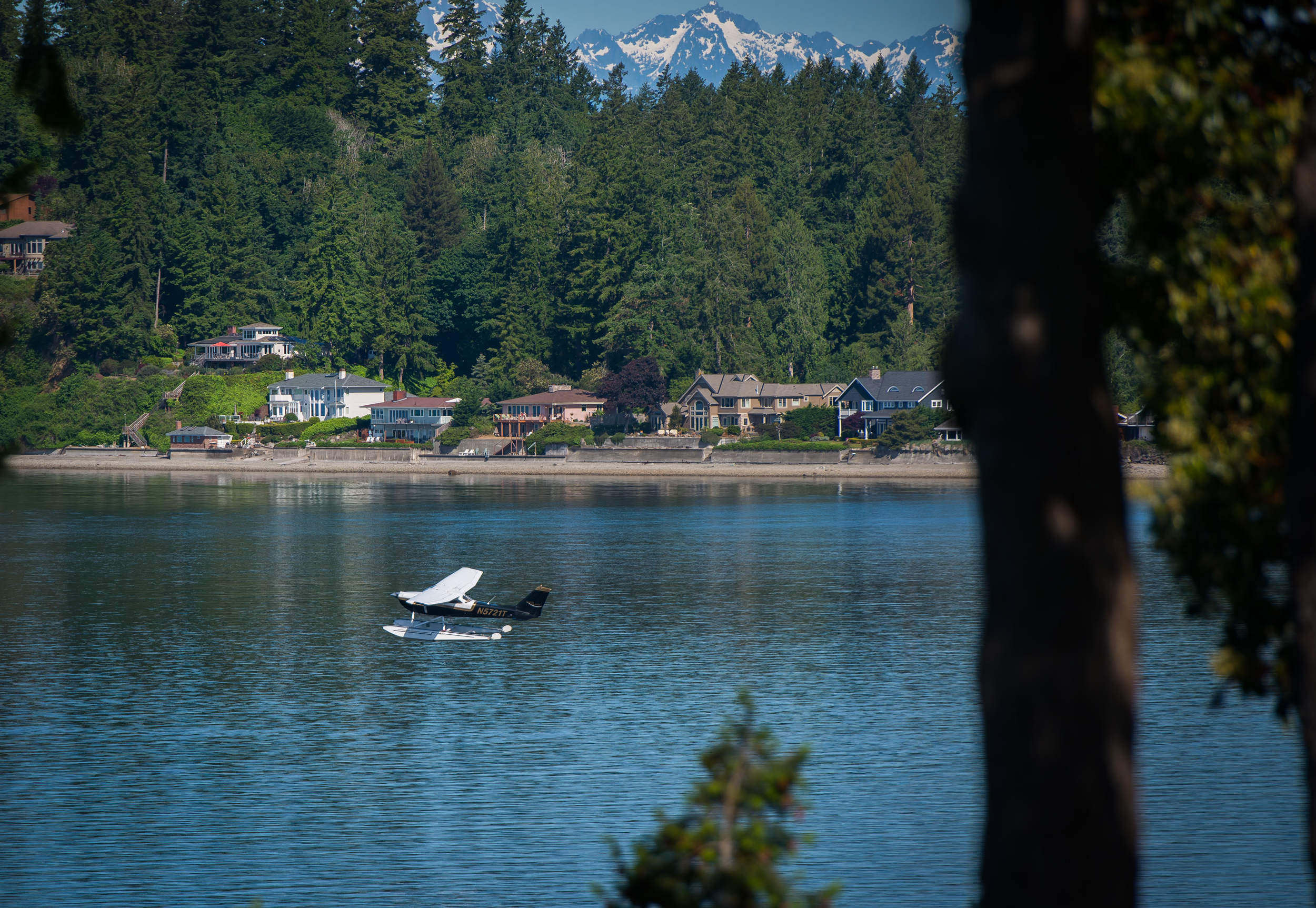 A small seaplane flying over a calm body of water with a shoreline of large houses and dense green trees in the background, and snow-capped mountains in the distance.