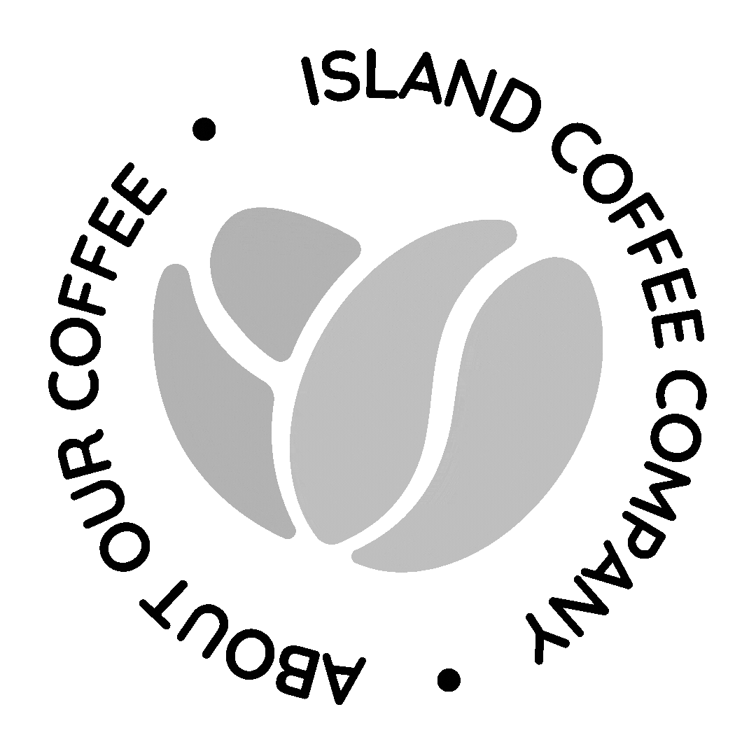 A circular logo with a stylized coffee bean in the center. Surrounding the bean, the text reads "ABOULT OUR COFFEE - ISLAND COFFEE COMPANY." The logo uses shades of gray and black.