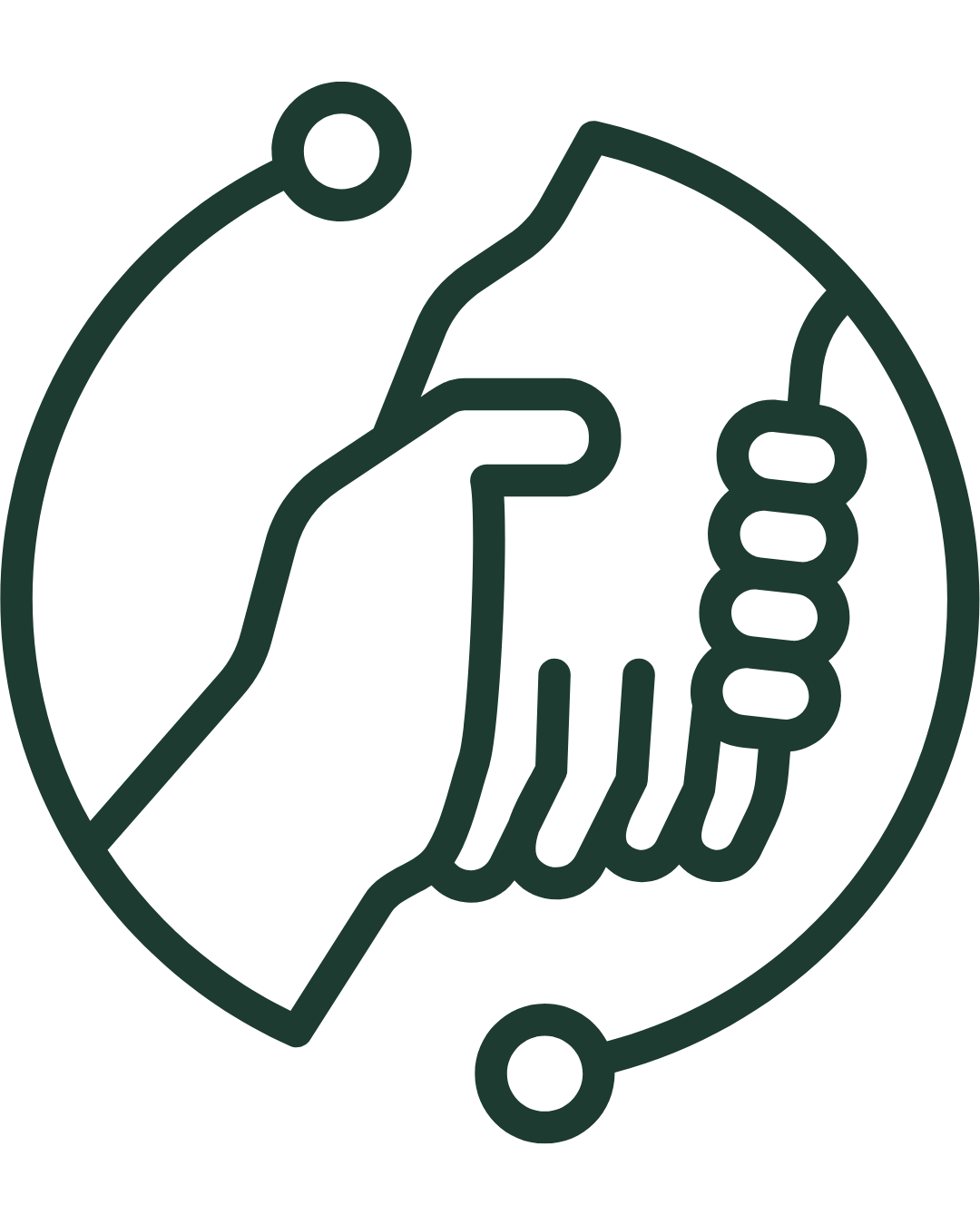 Outline of a handshake enclosed in a circle, symbolizing cooperation or agreement.