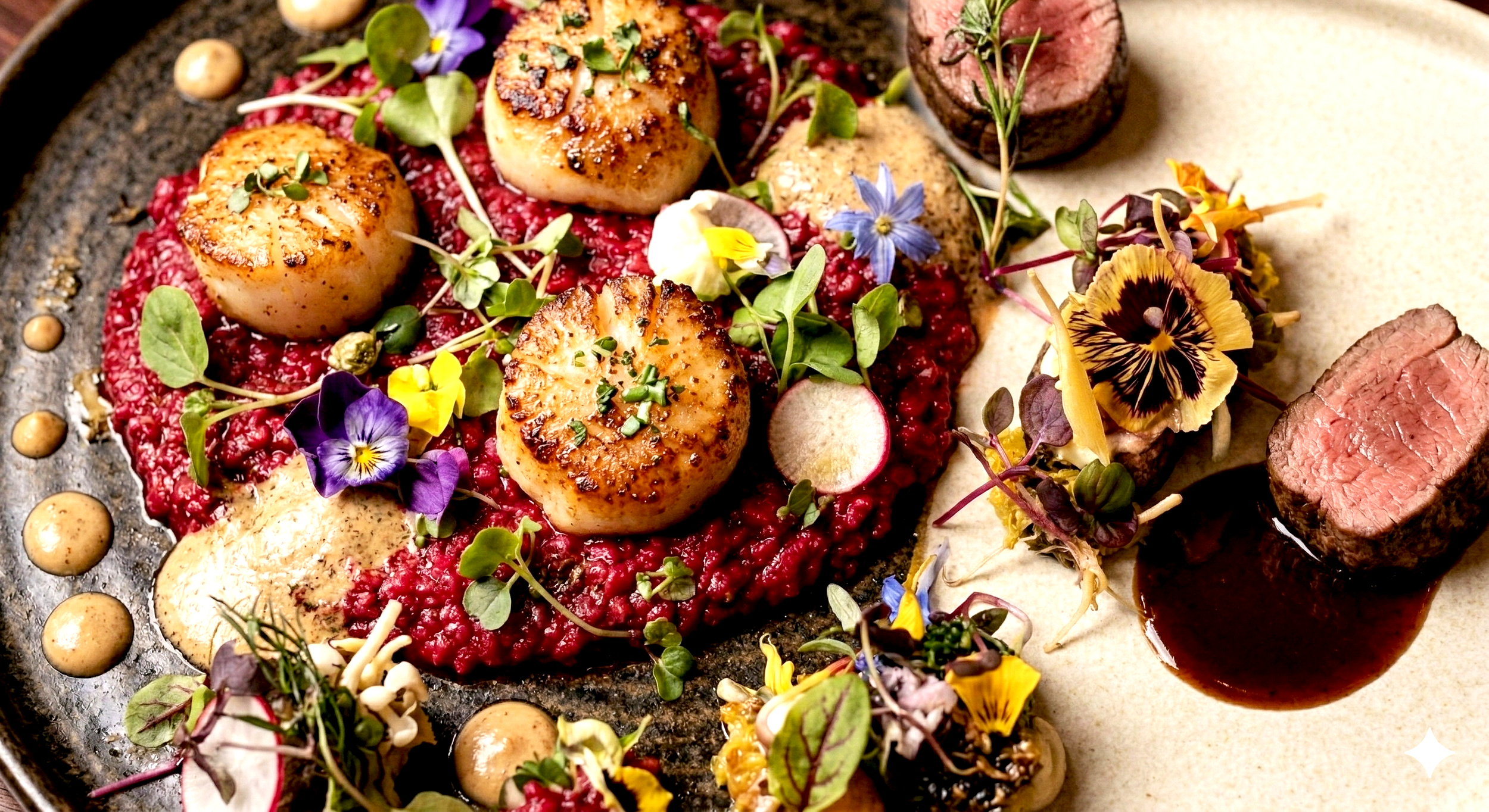 Seared scallops on a bed of red sauce with microgreens, edible flowers, radish slices, and slices of beef tenderloin with sauce on side.