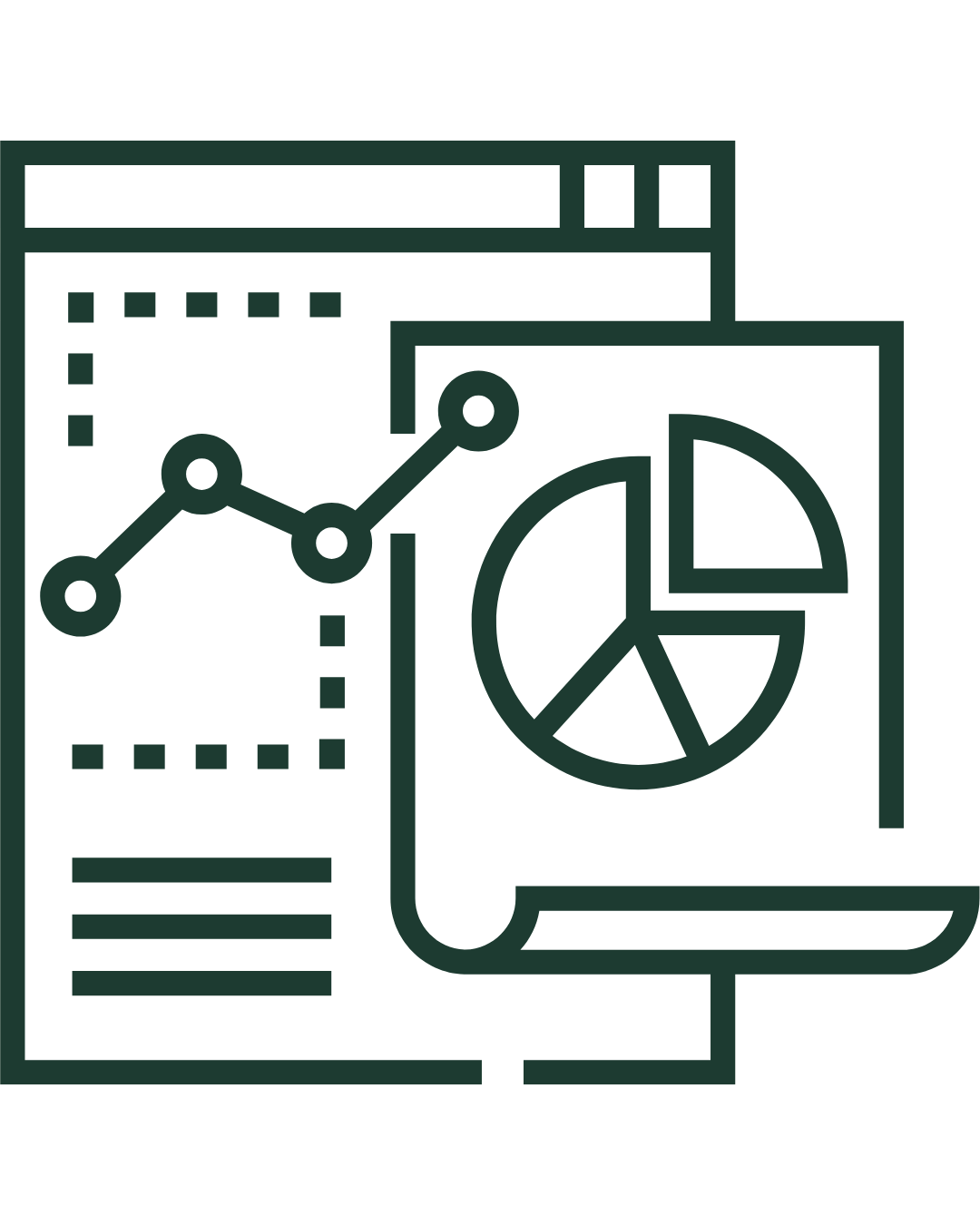 Line art icon of data analysis, including graphs, charts, and a report on a computer screen.