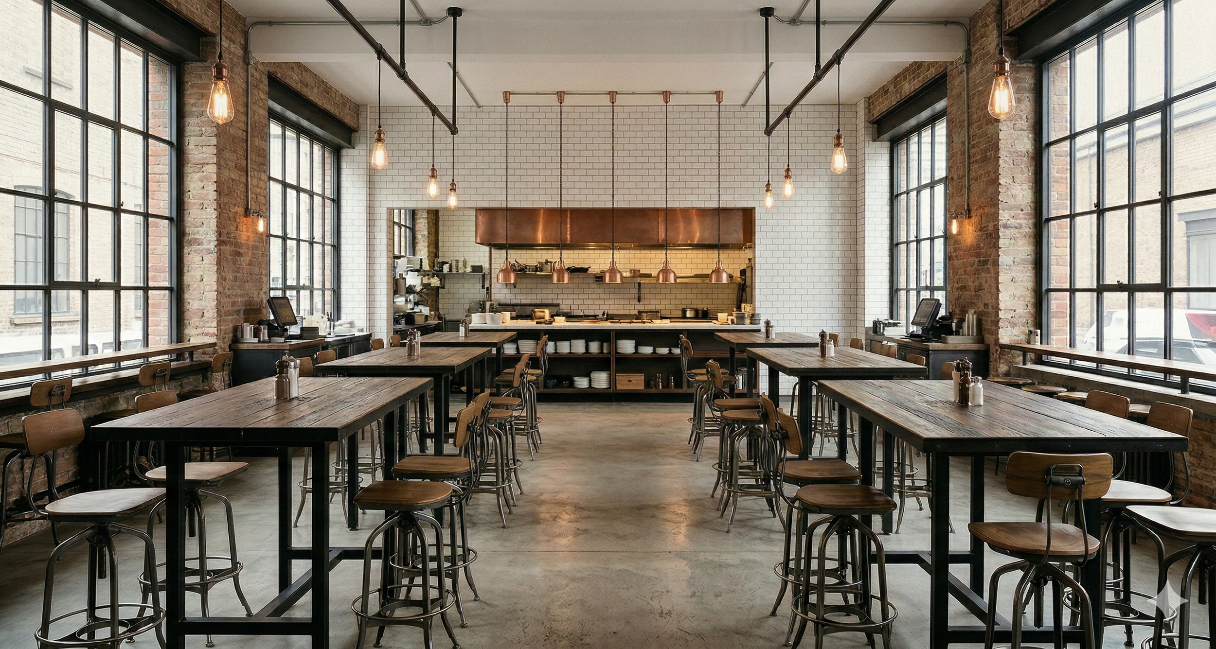 Empty restaurant with high tables and chairs, large windows, exposed brick walls, and pendant lights.