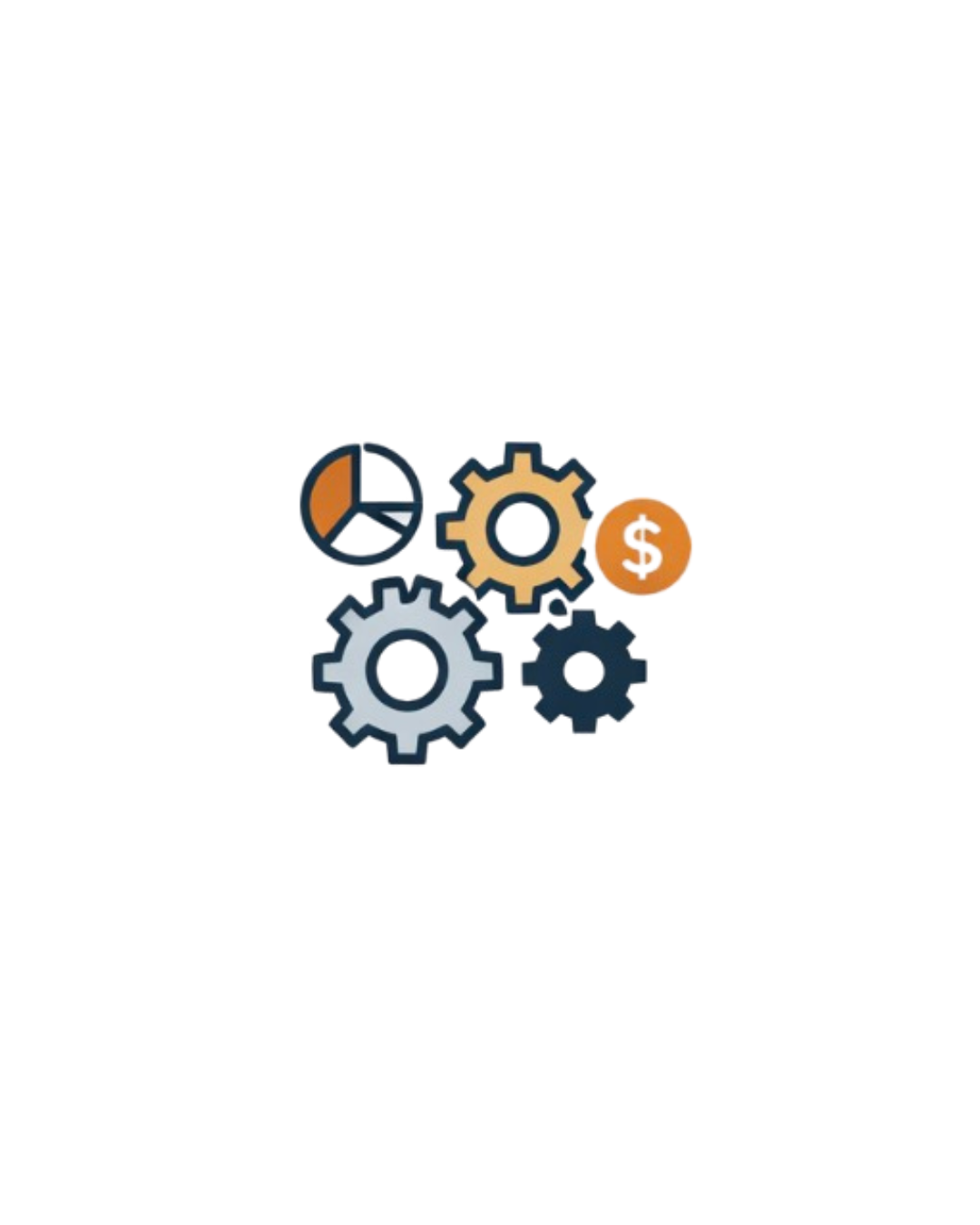 Illustration of gears, a dollar sign, and a pie chart representing financial or business processes.