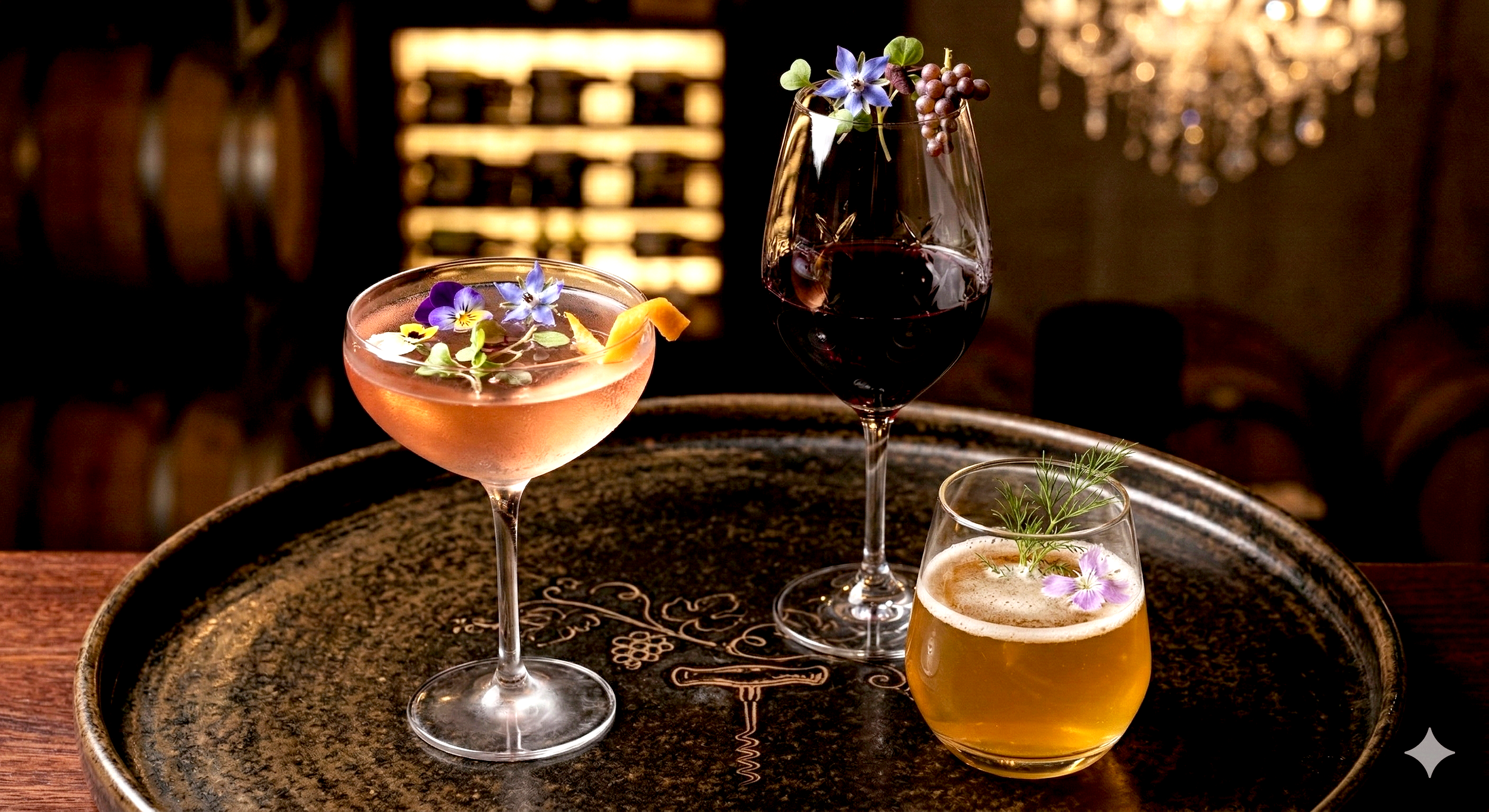 Three elegant cocktails garnished with edible flowers placed on a decorative tray in a dimly lit, upscale bar or restaurant setting.
