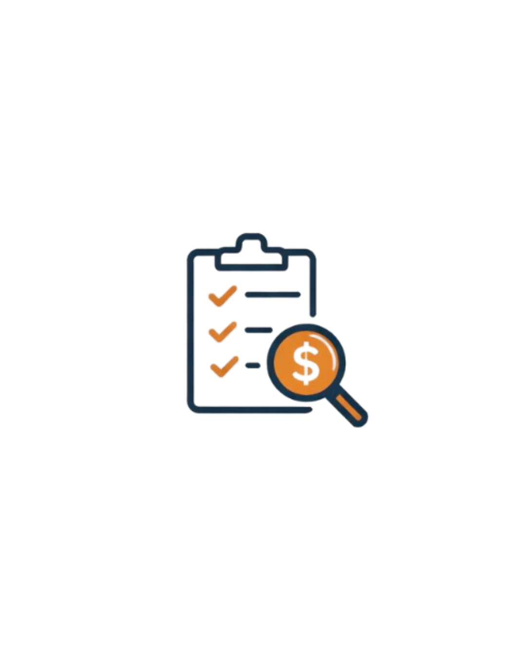 Checklist on a clipboard with a magnifying glass showing a dollar sign.
