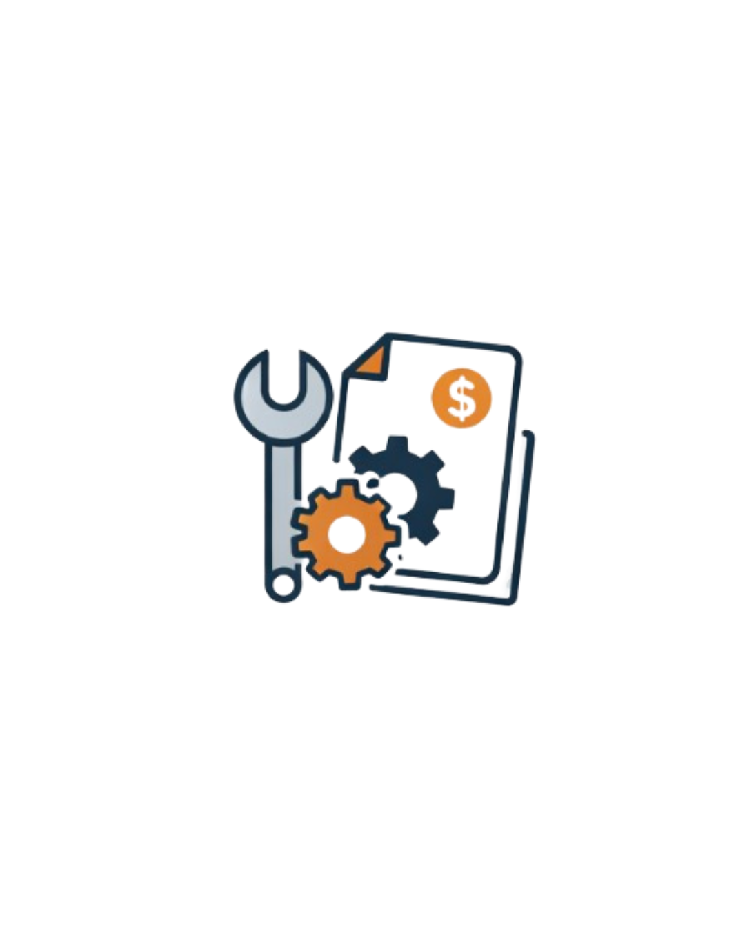 Illustration of a wrench, gears, and a document with a dollar sign, indicating maintenance or financial repair services.