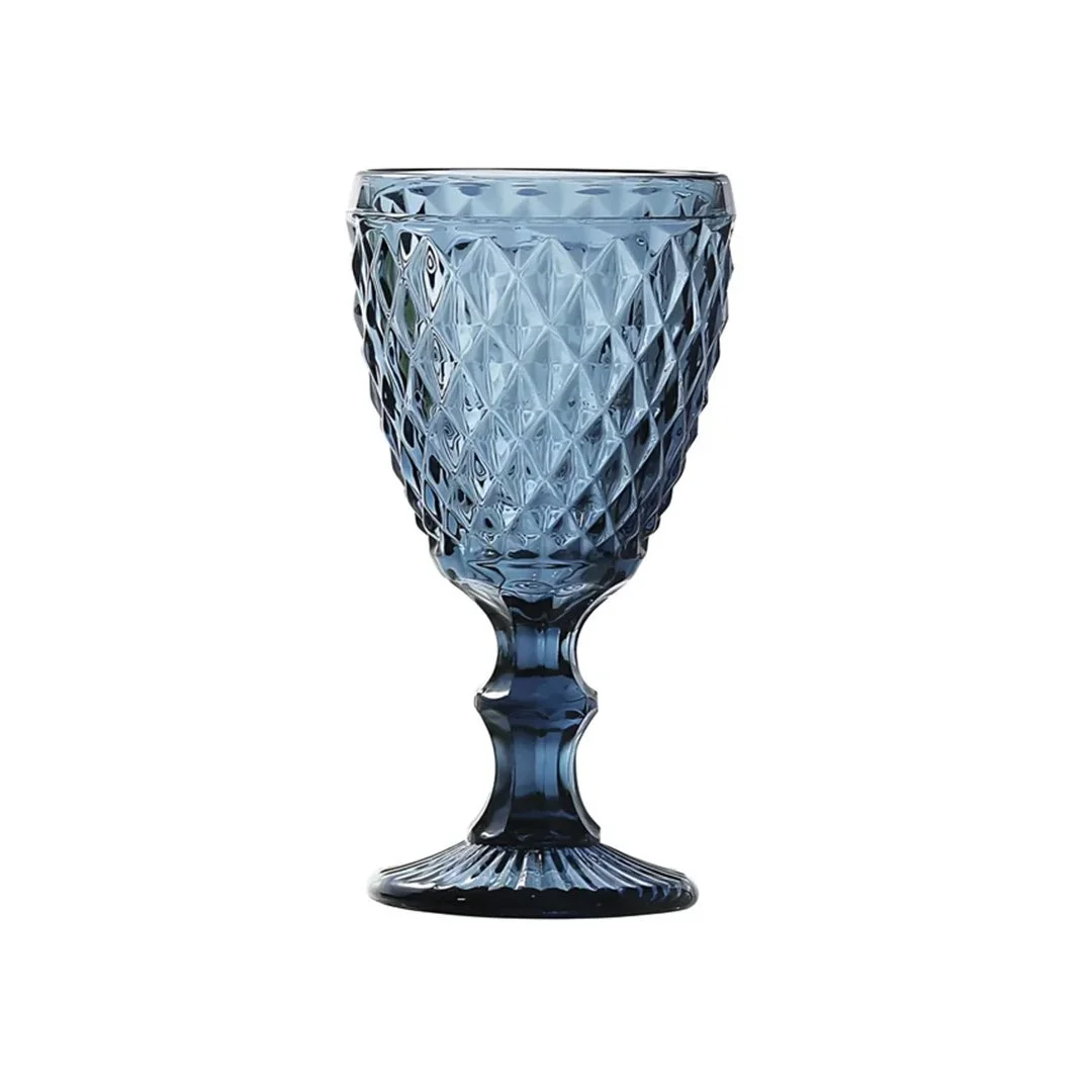 Blue glass goblet with a textured diamond pattern and short stem