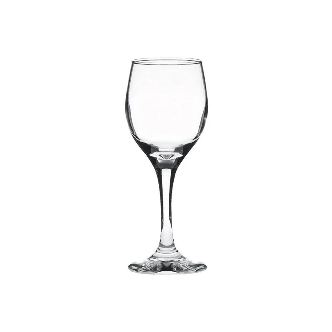 A clear empty wine glass on a white background.