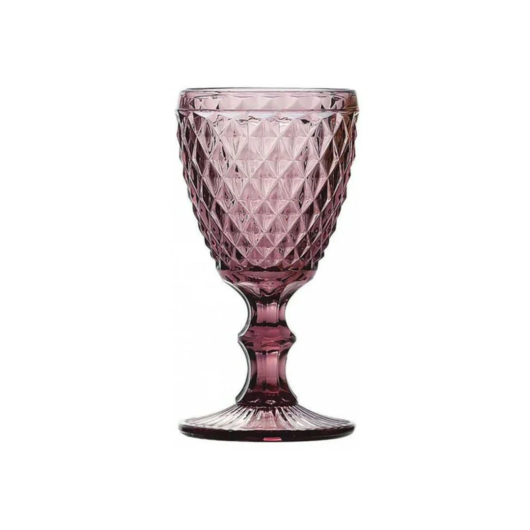 Pink glass goblet with a textured diamond pattern and short stem