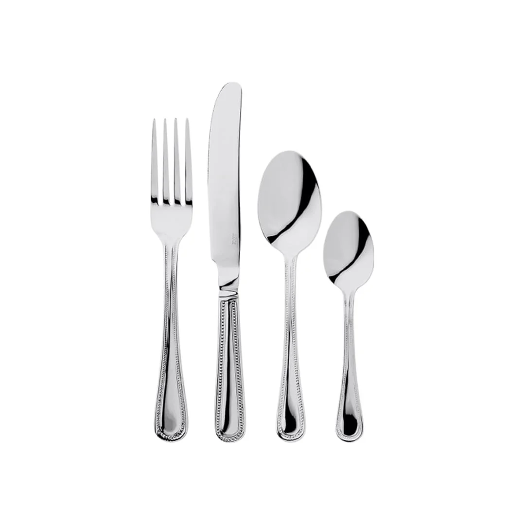 Stainless steel cutlery set with decorative beaded edge detail on handles